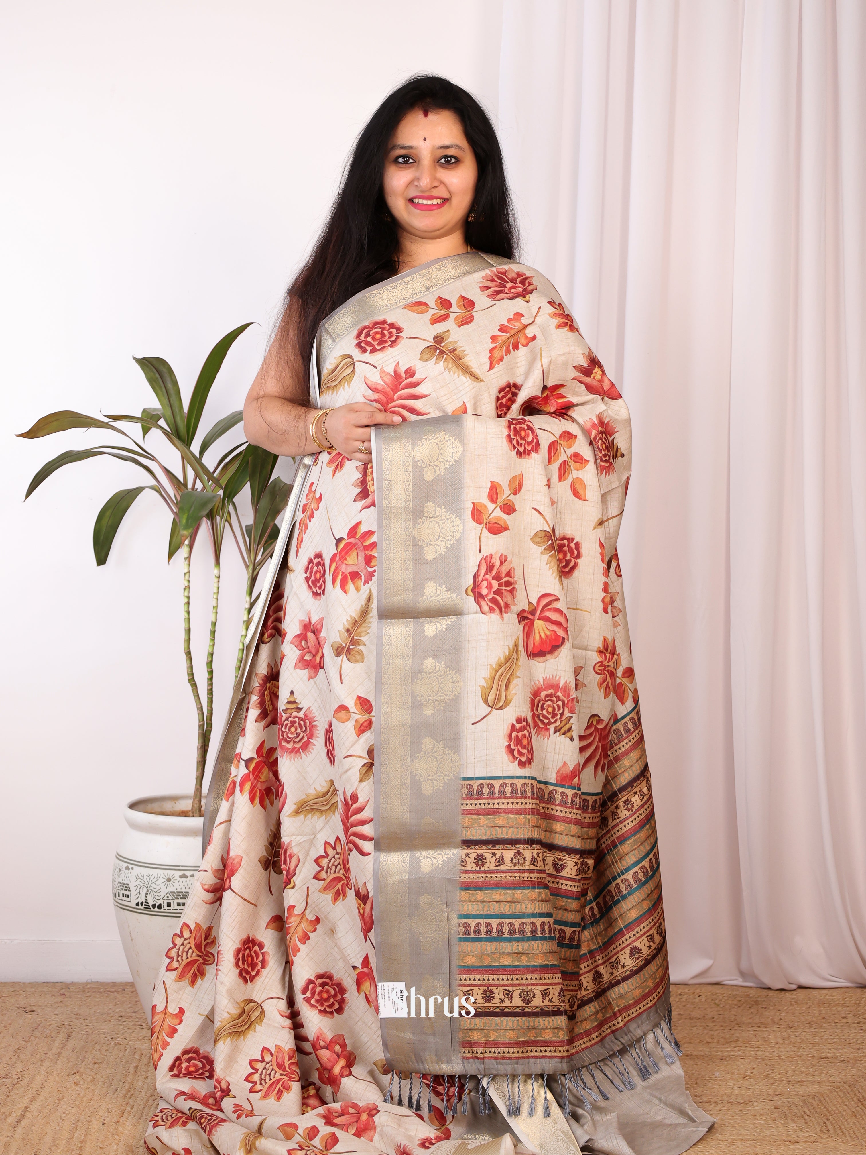 Lite Green & Grey - Semi Chanderi Saree - Shop on Shrus.com