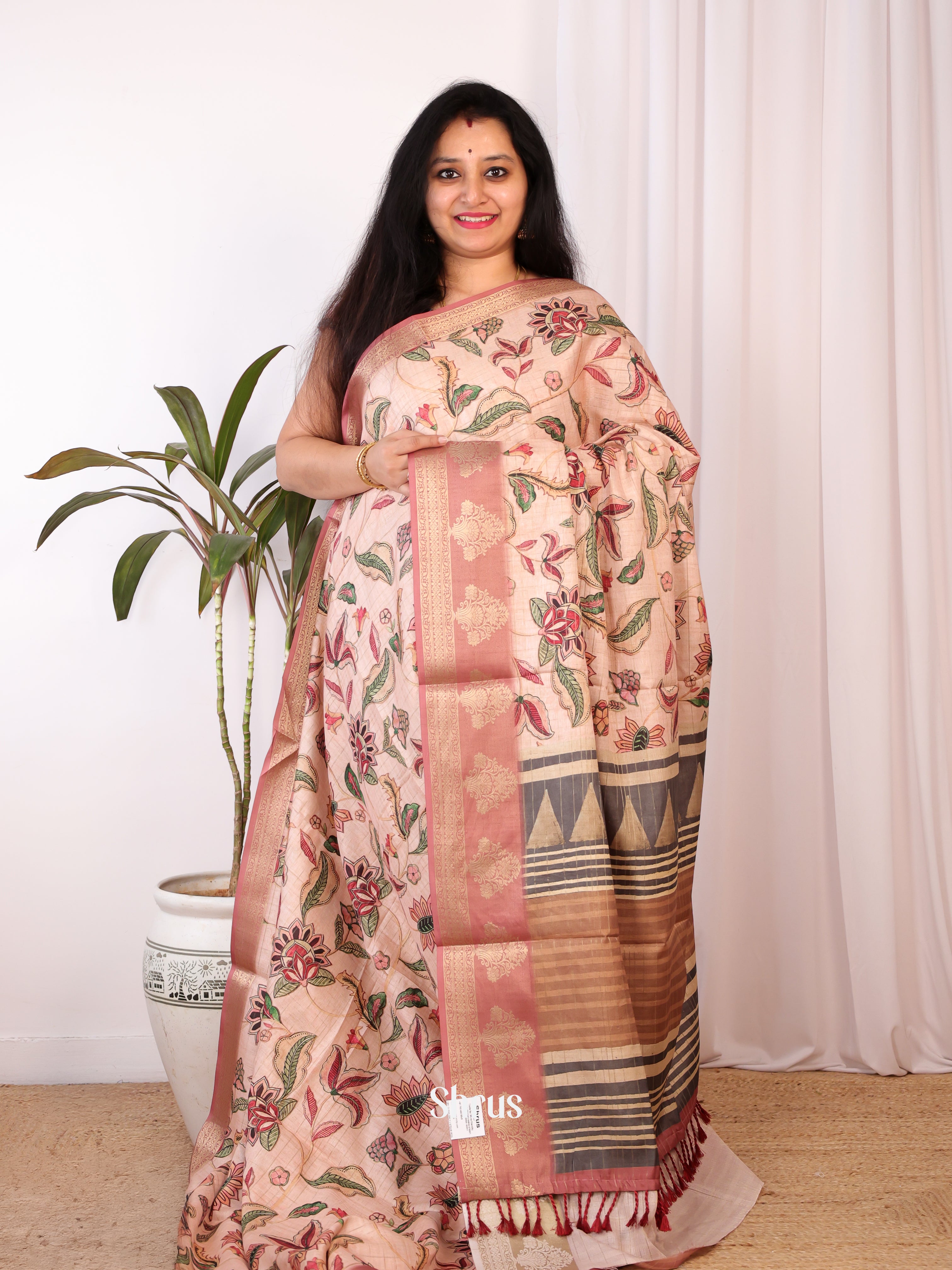 Peach & Brown- Semi Chanderi Saree - Shop on Shrus.com