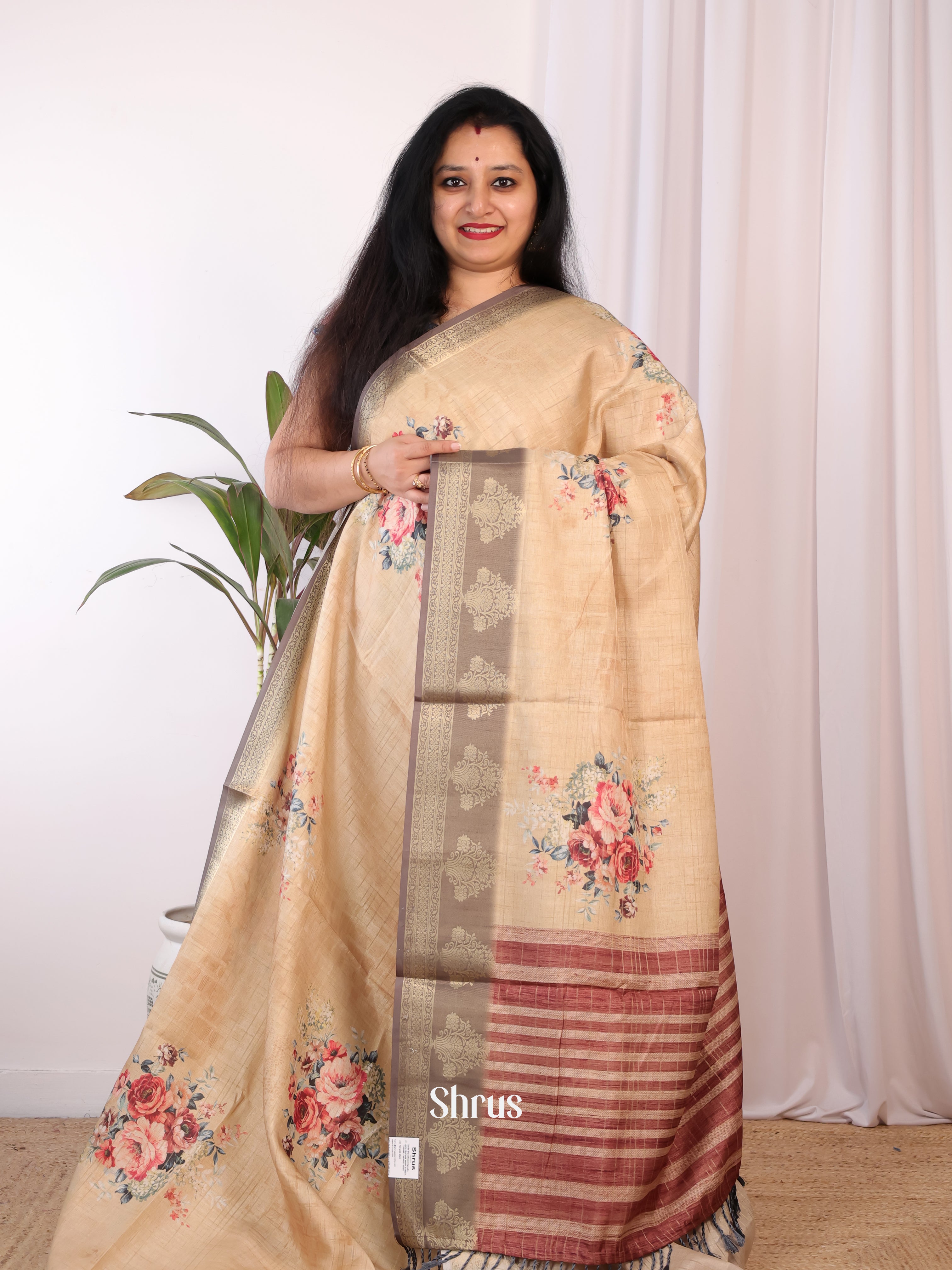 Peach & Brown - Semi Chanderi Saree - Shop on Shrus.com