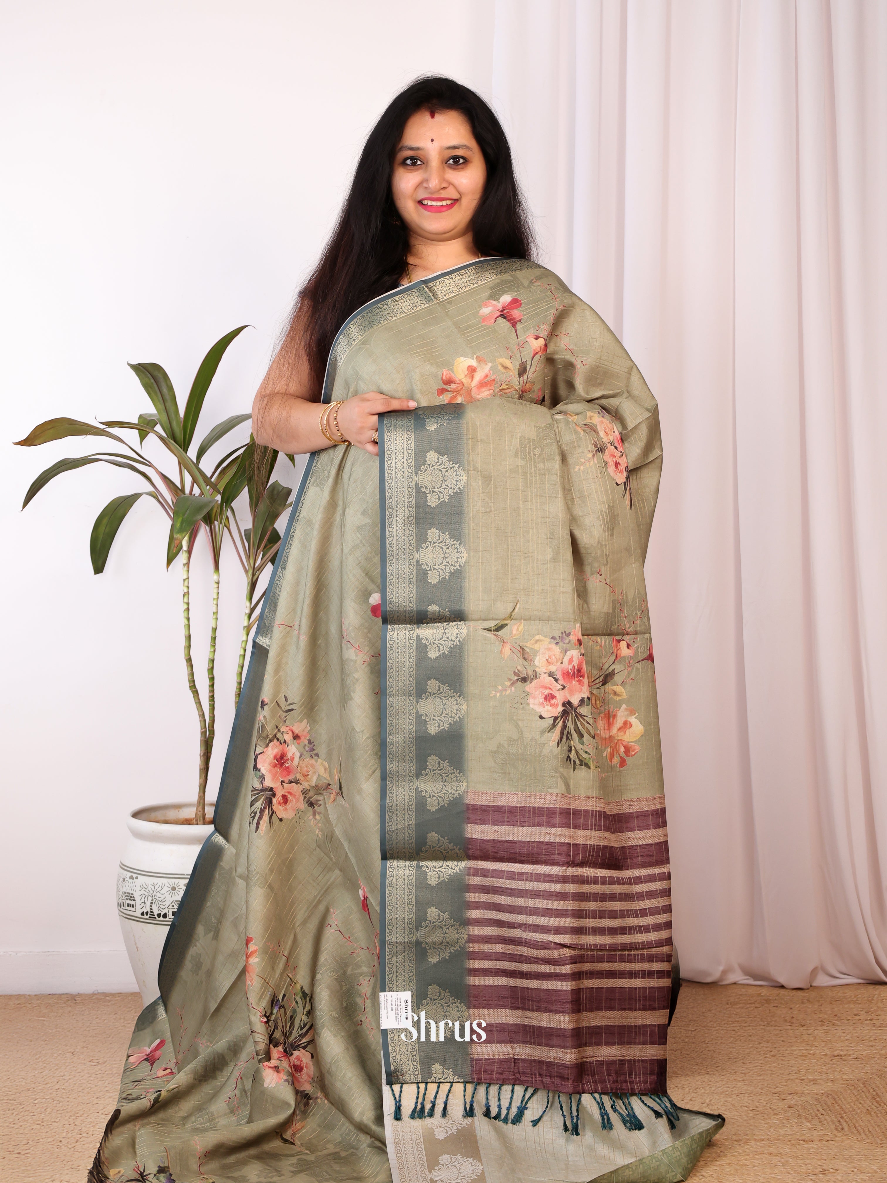 Green & Brown - Semi Chanderi Saree - Shop on Shrus.com