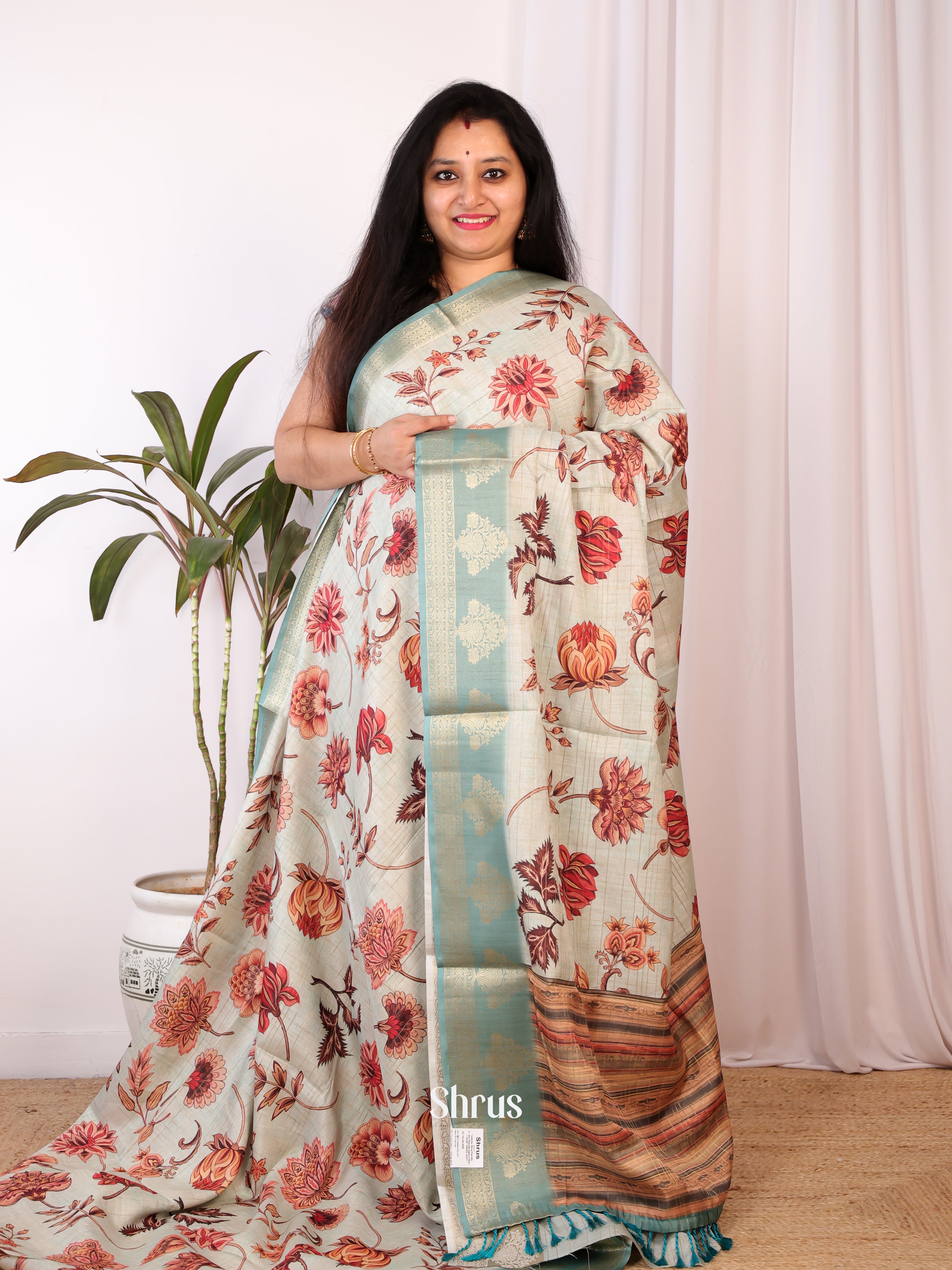 Lite Green & Teal - Semi Chanderi Saree - Shop on Shrus.com