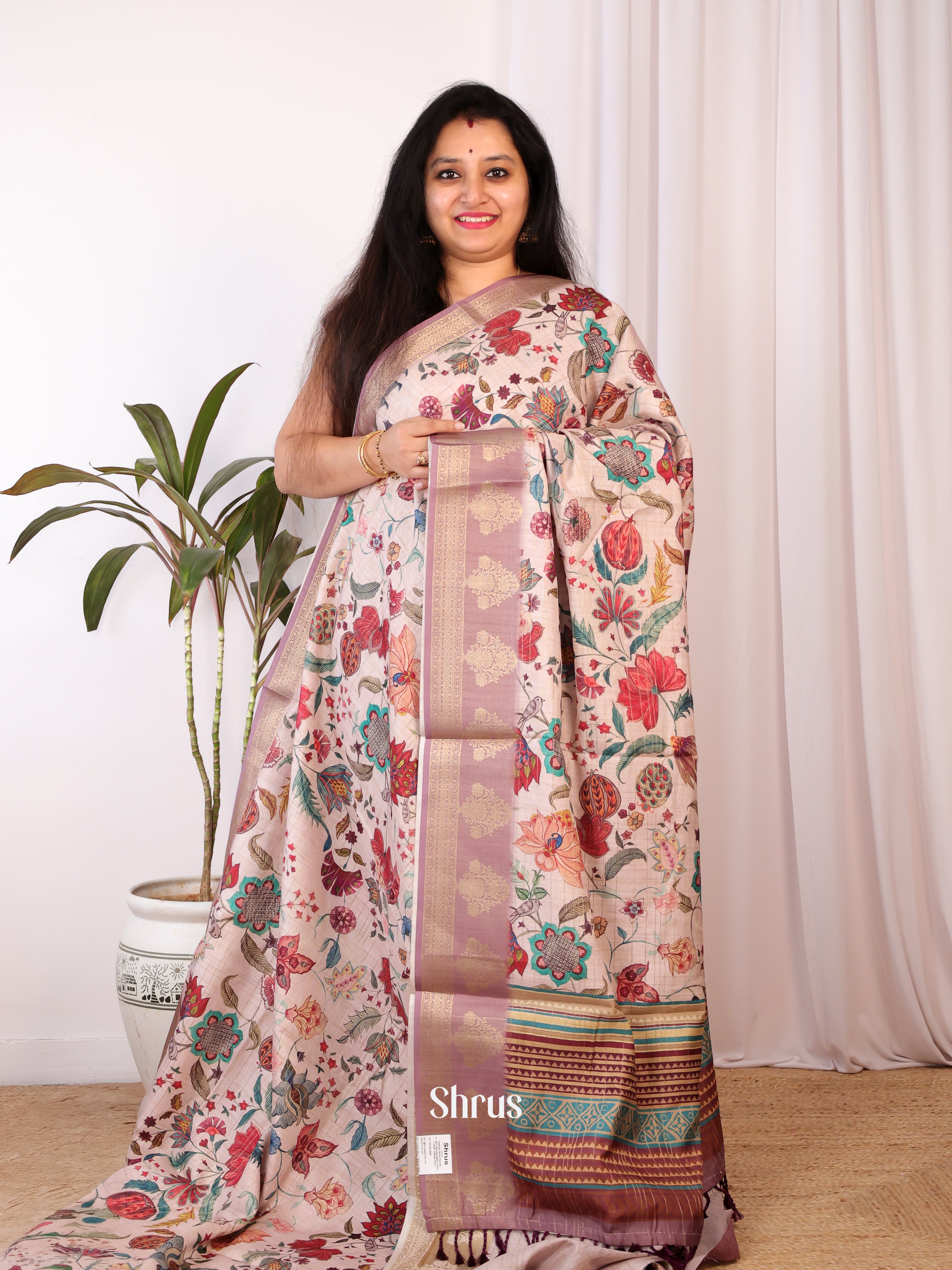 Pink & Brown - Semi Chanderi Saree - Shop on Shrus.com