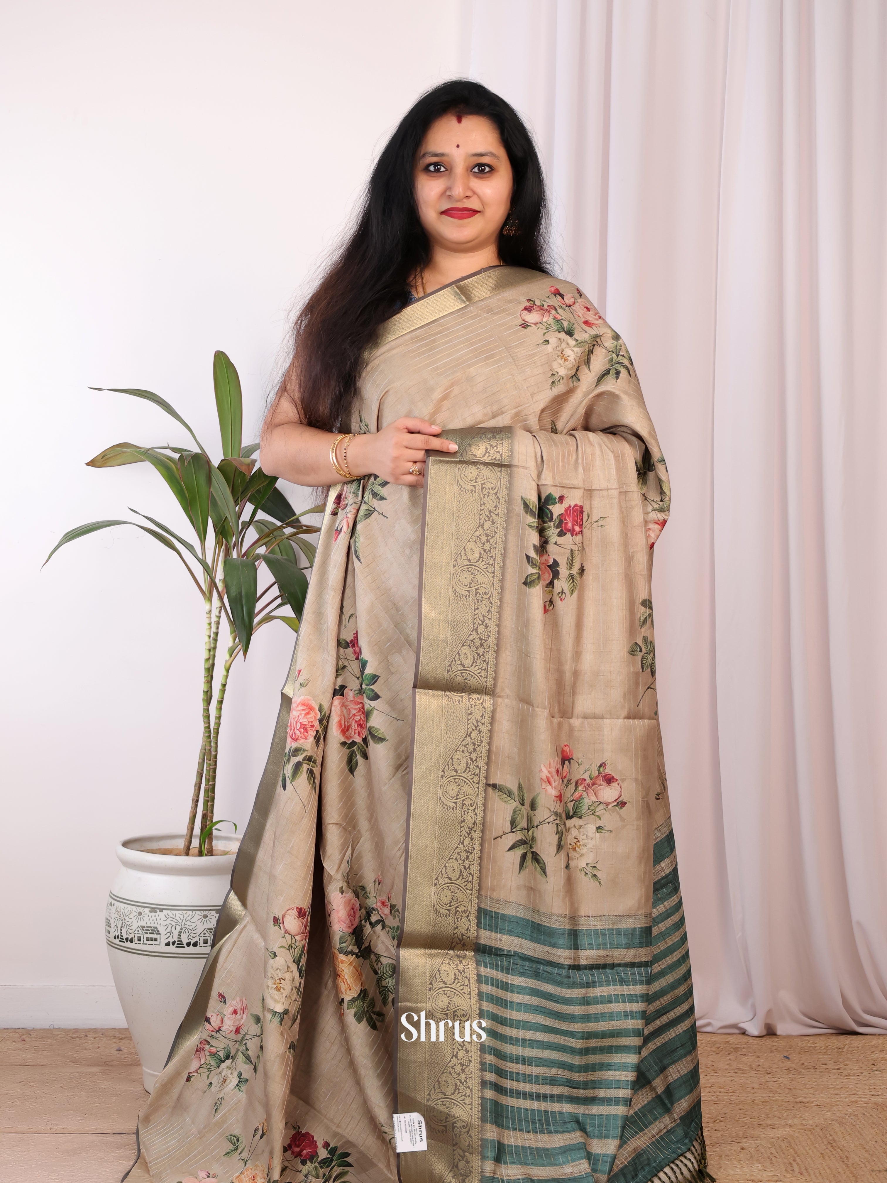 Lite Brown & Green - Semi Chanderi Saree - Shop on Shrus.com