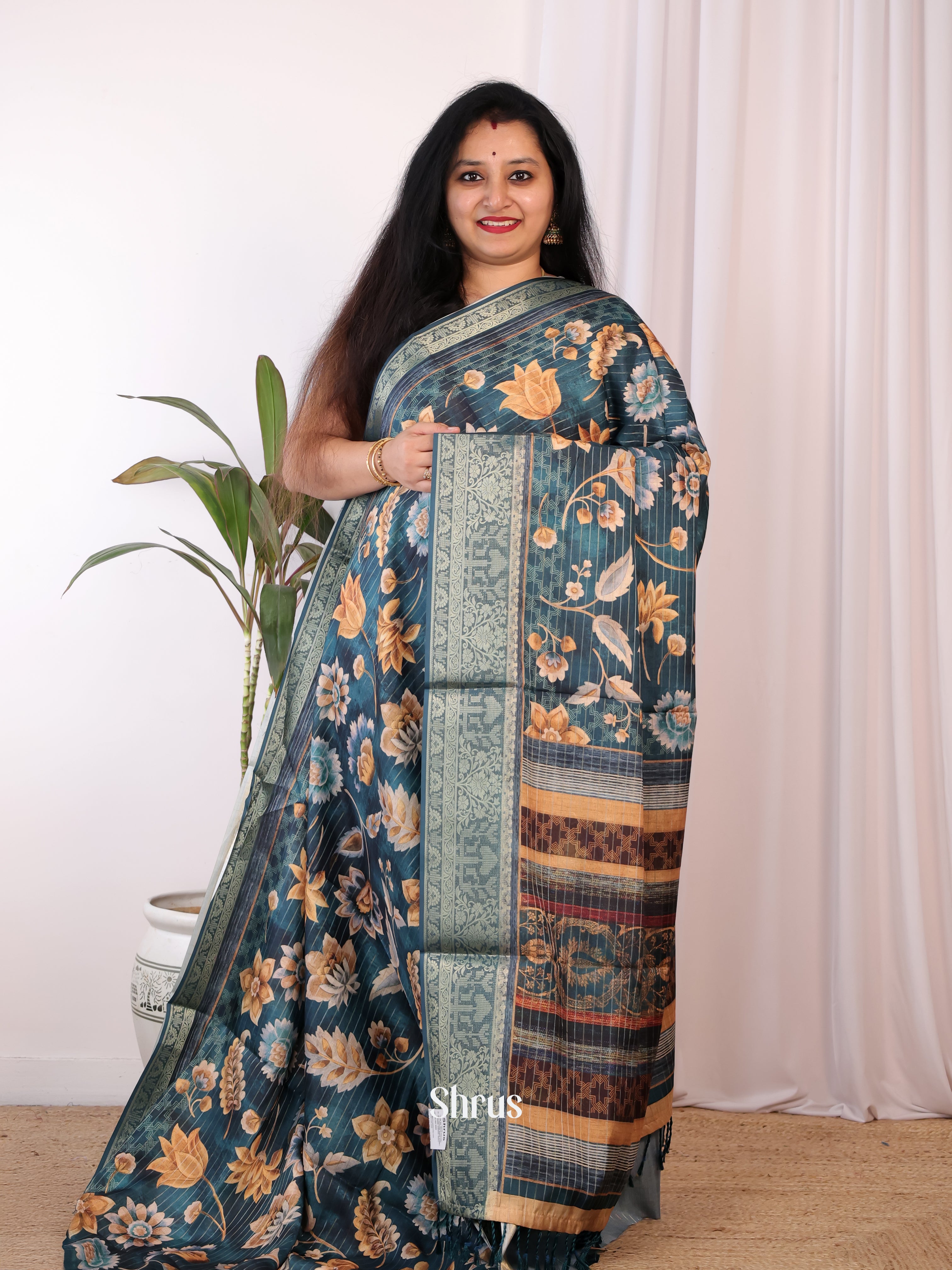 Blue & Brown - Semi Chanderi Saree - Shop on Shrus.com