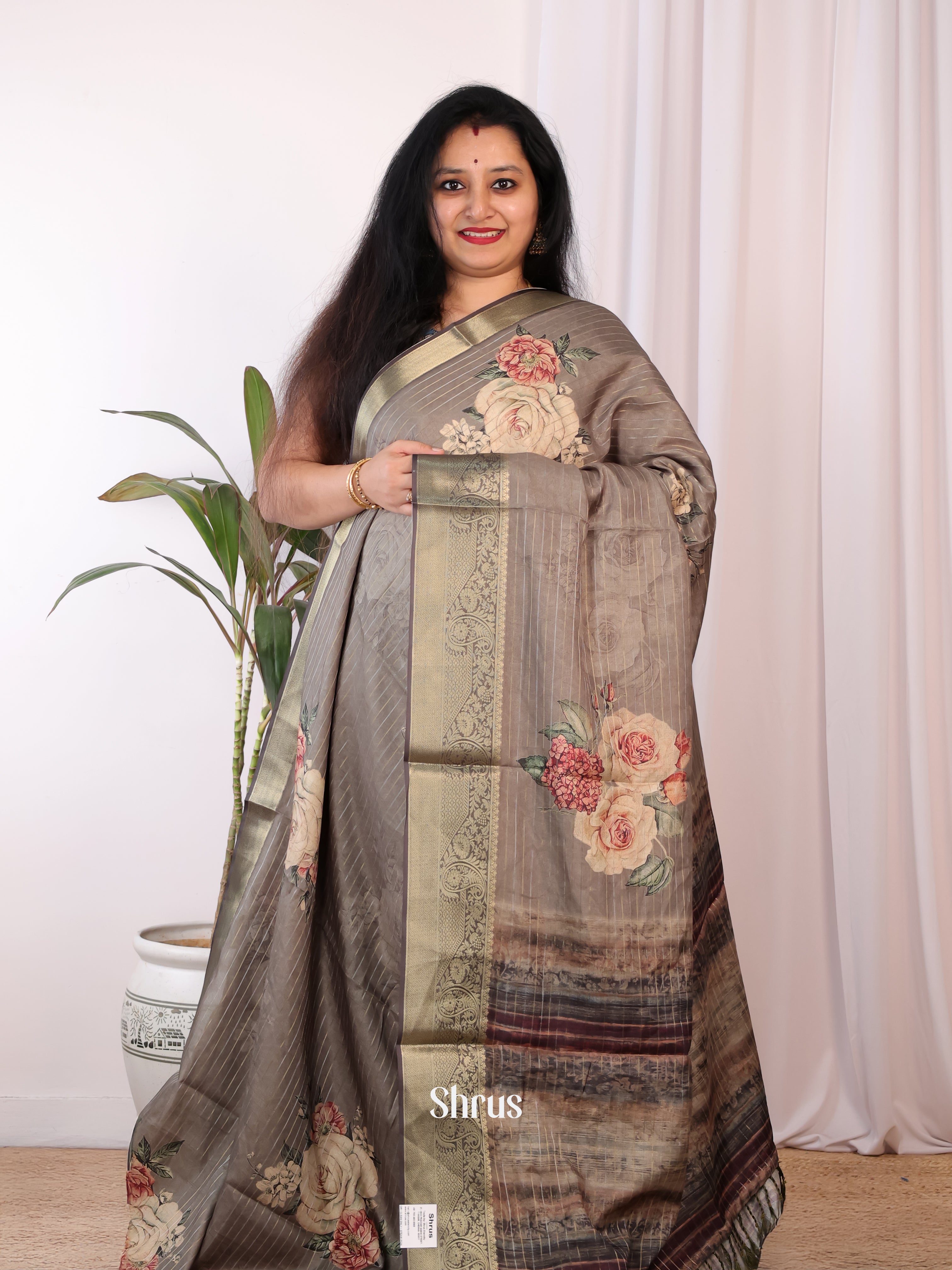 Grey - Semi Chanderi Saree - Shop on Shrus.com
