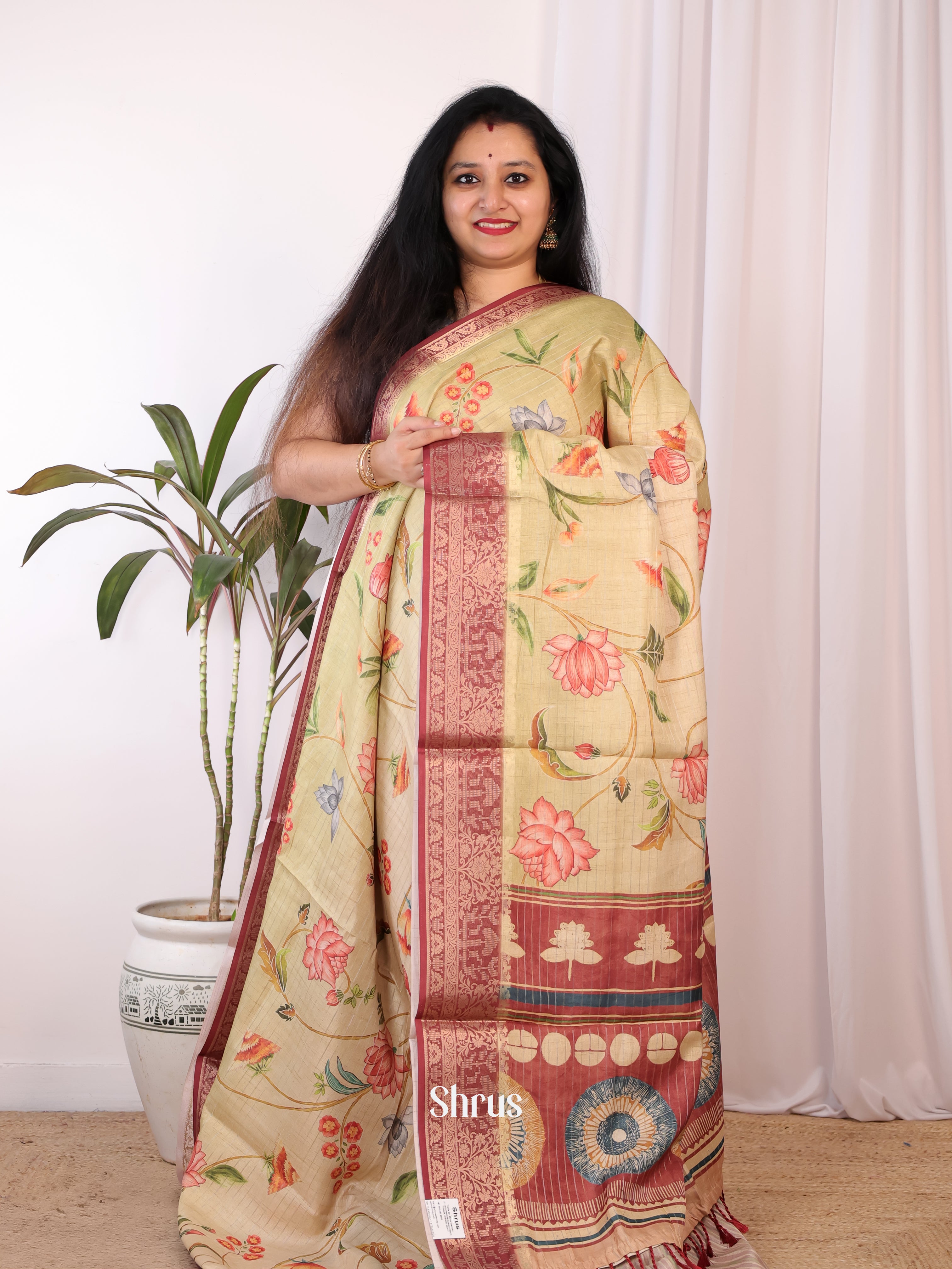 Green & Brown - Semi Chanderi Saree - Shop on Shrus.com