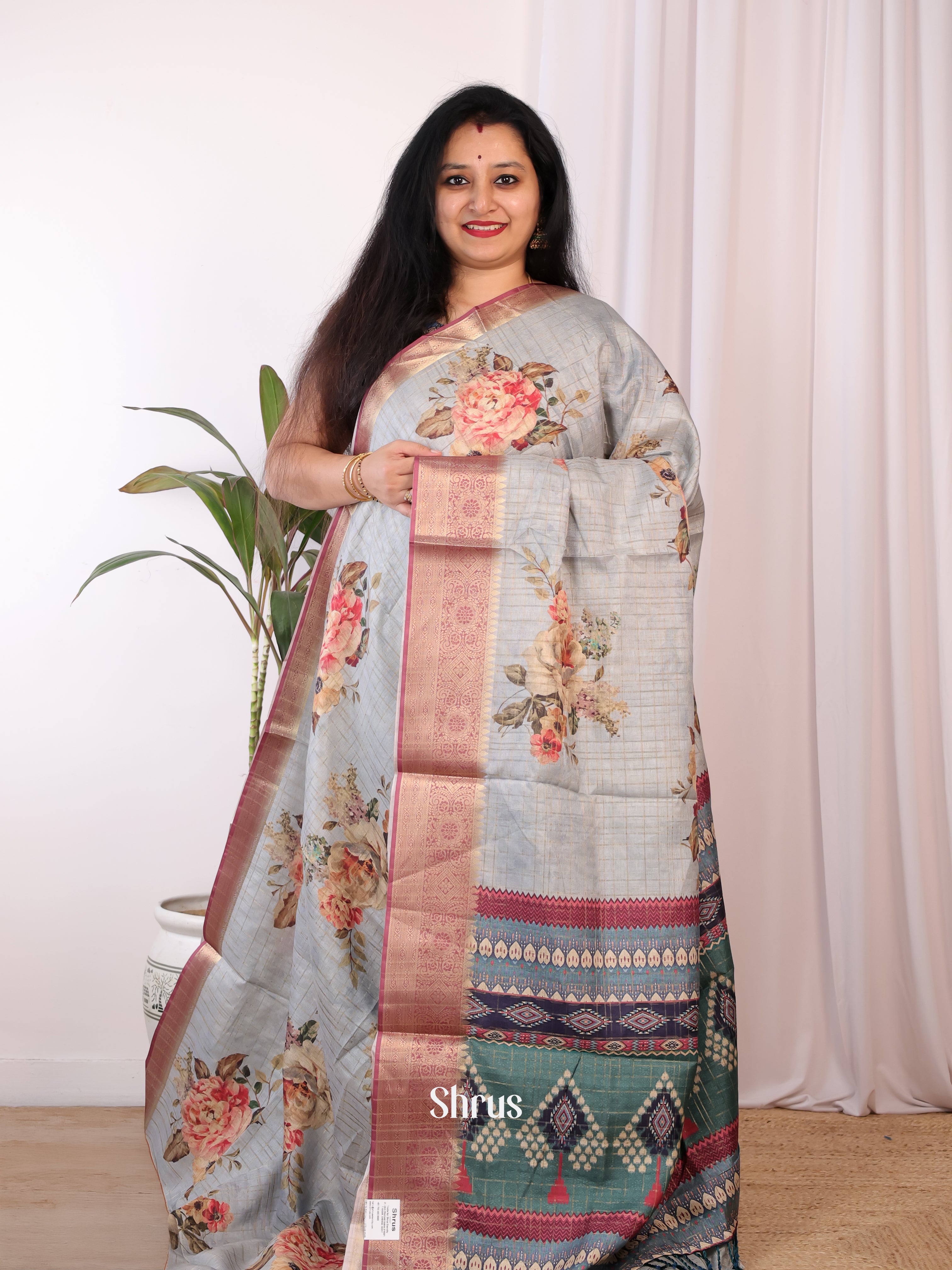 grey & Brown - Semi Chanderi Saree - Shop on Shrus.com