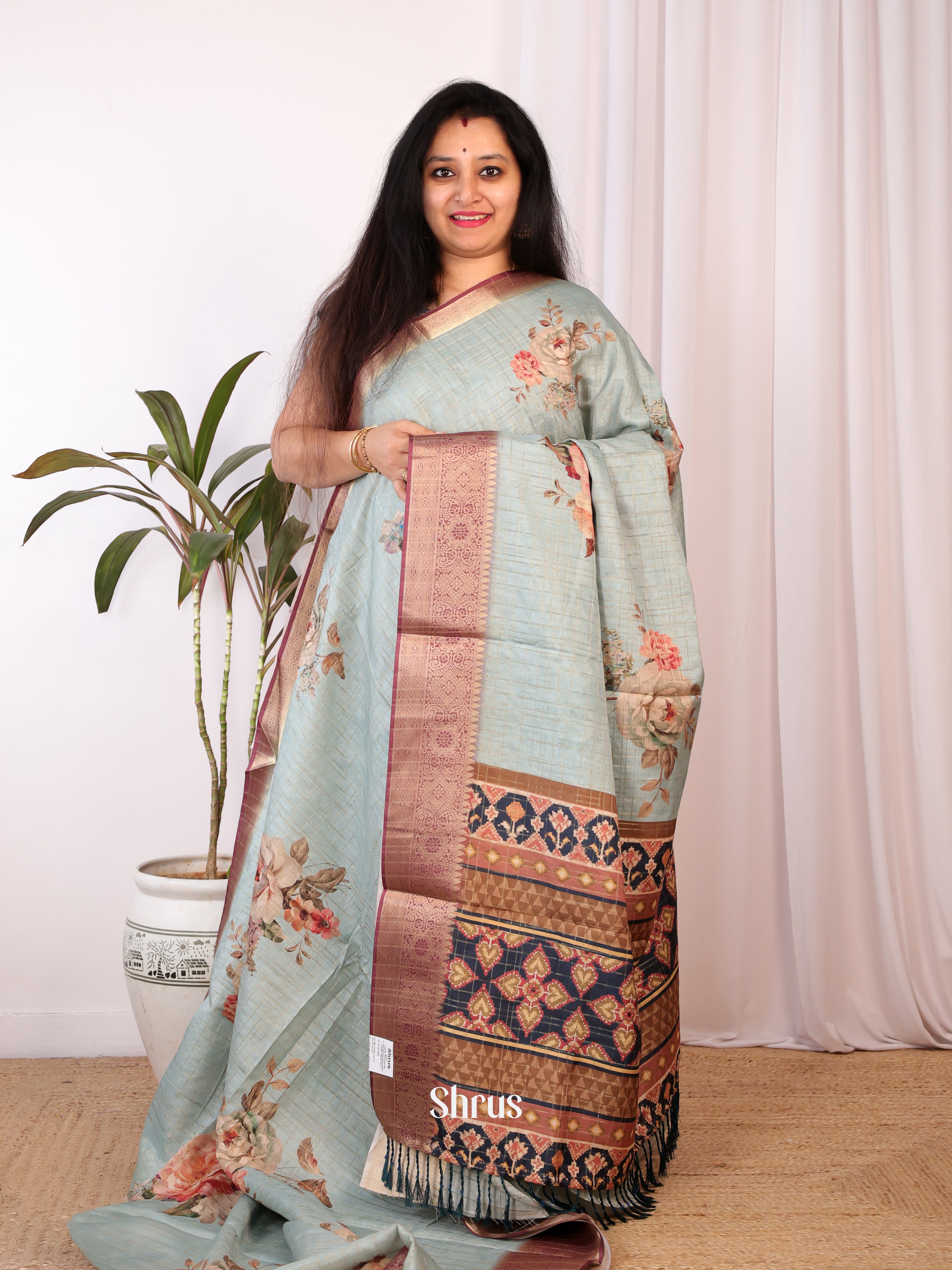 Blue & Brown - Semi Chanderi Saree - Shop on Shrus.com