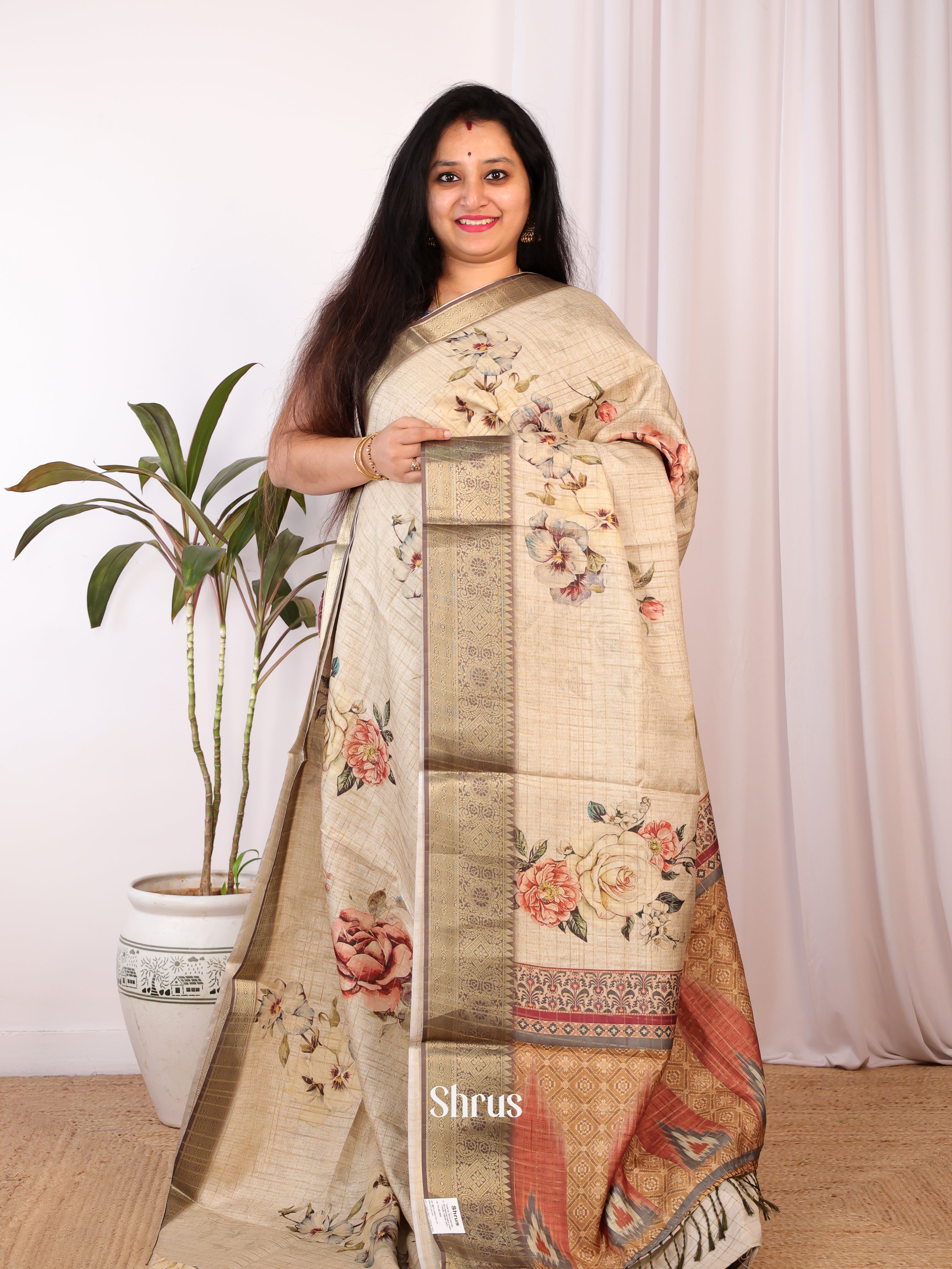 Cream & Brown - Semi Chanderi Saree - Shop on Shrus.com