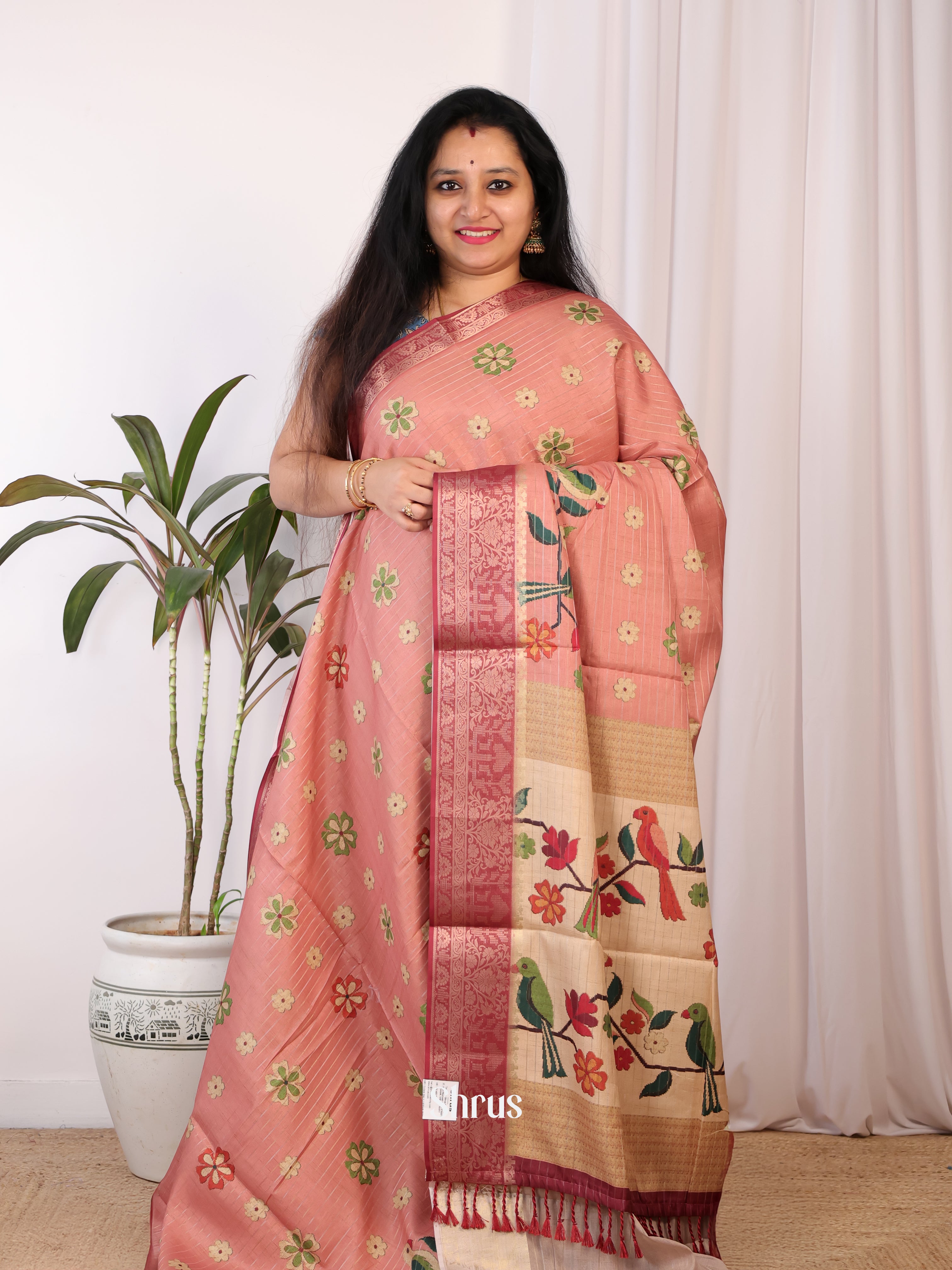 Peach & Maroon- Semi Chanderi Saree - Shop on Shrus.com