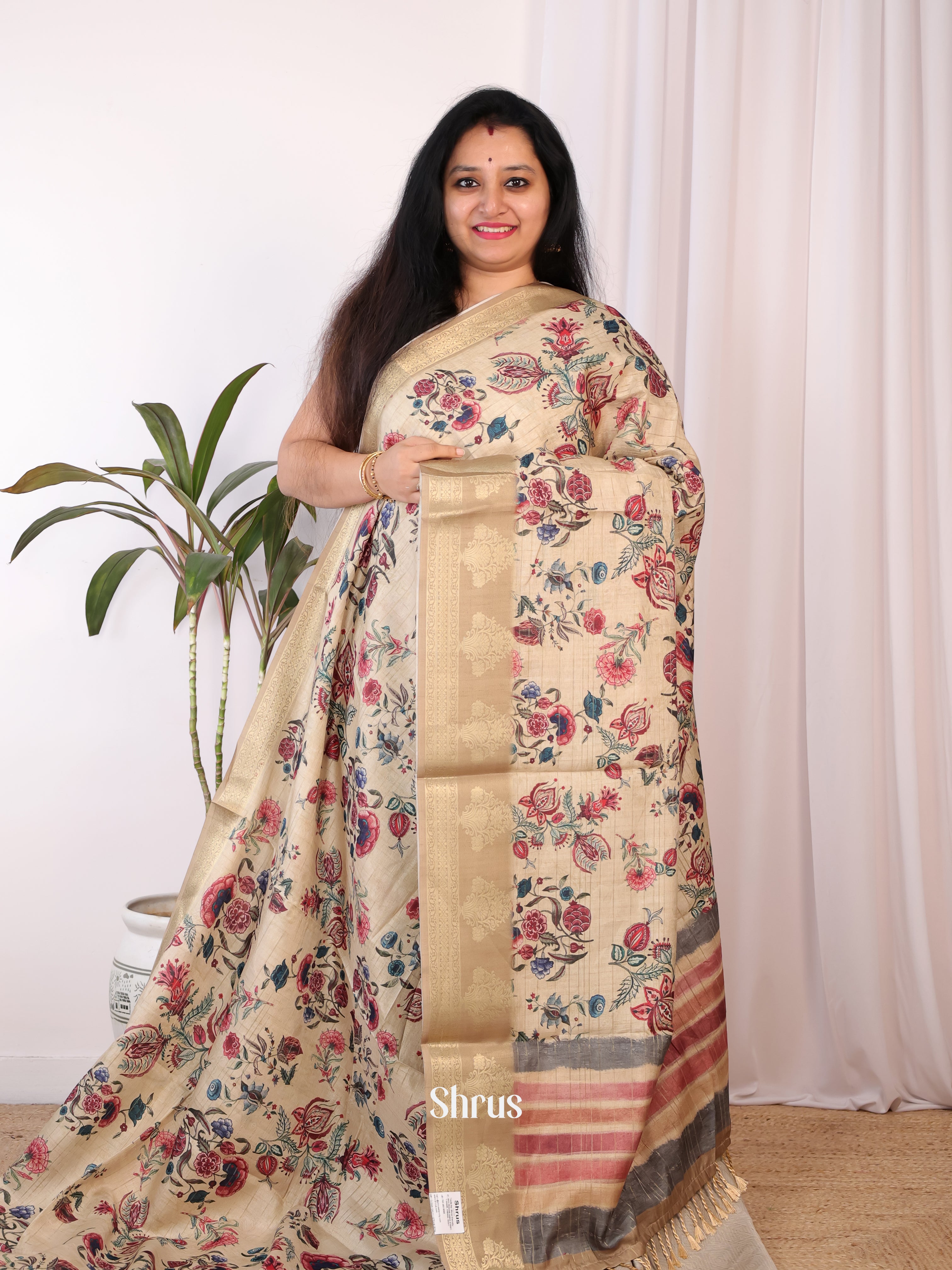 Cream & Beige - Semi Chanderi Saree - Shop on Shrus.com
