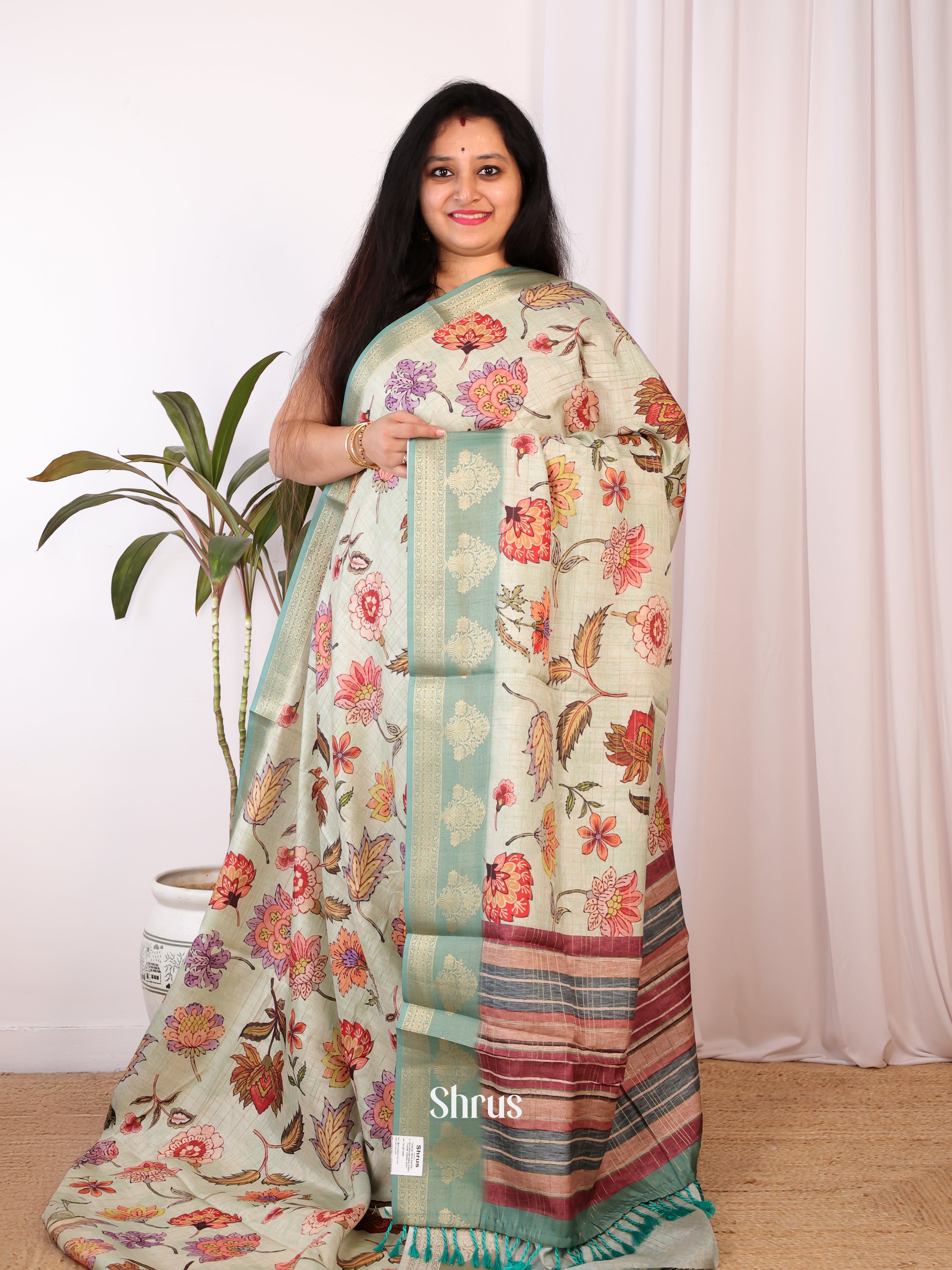 Lite Green - Semi Chanderi Saree - Shop on Shrus.com