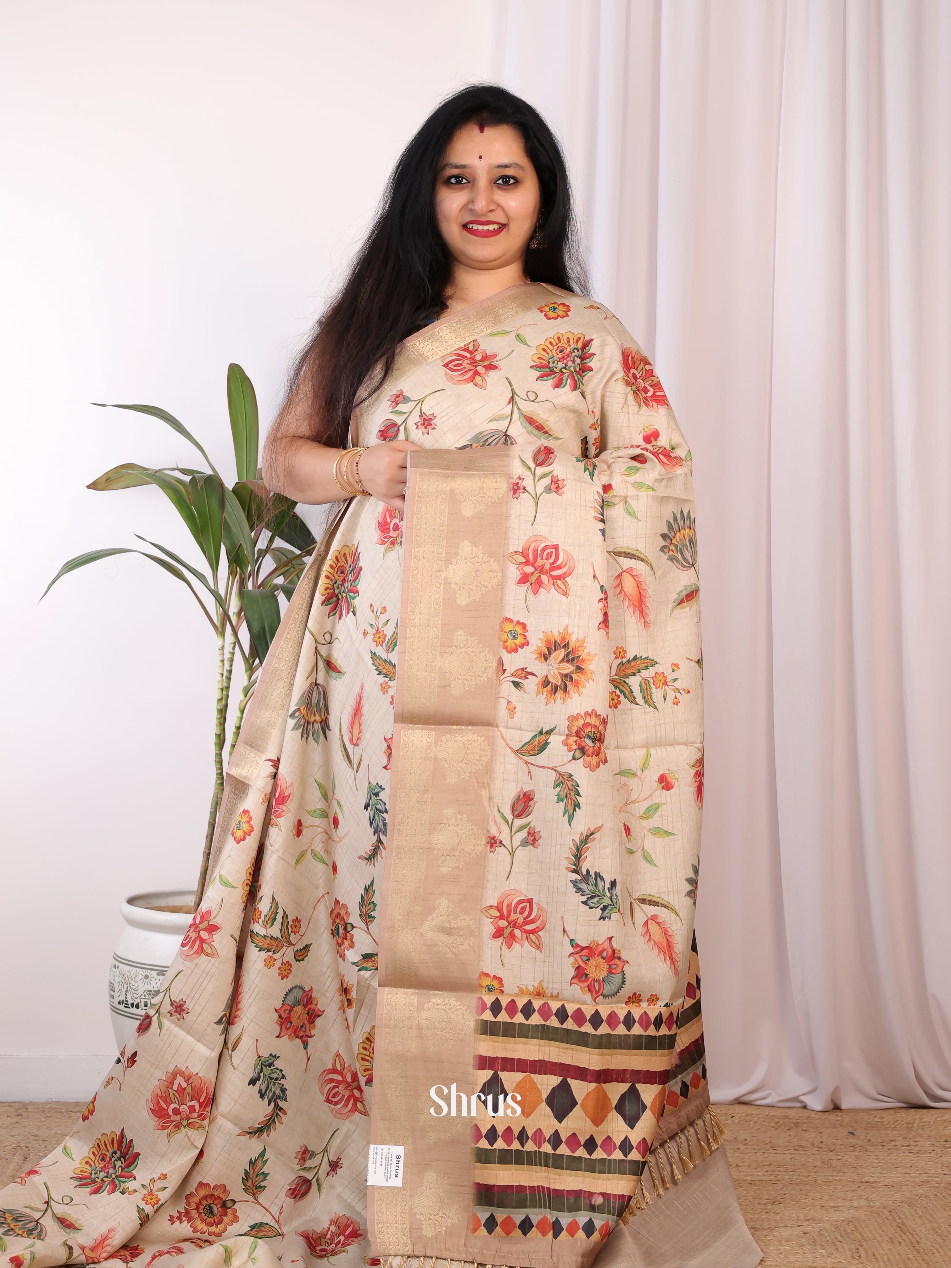 Cream & Dusty Brown- Semi Chanderi Saree - Shop on Shrus.com