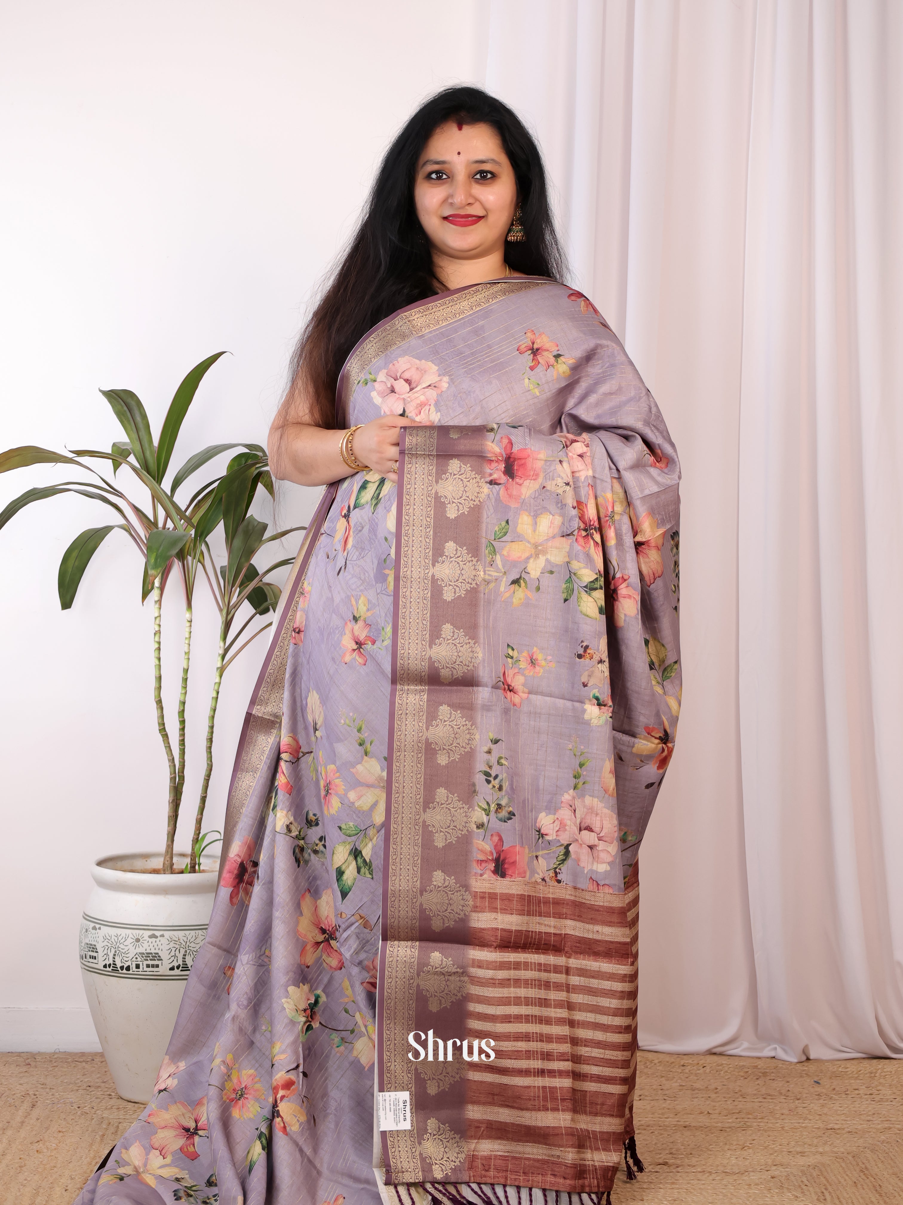 Lavender & Brown- Semi Chanderi Saree - Shop on Shrus.com