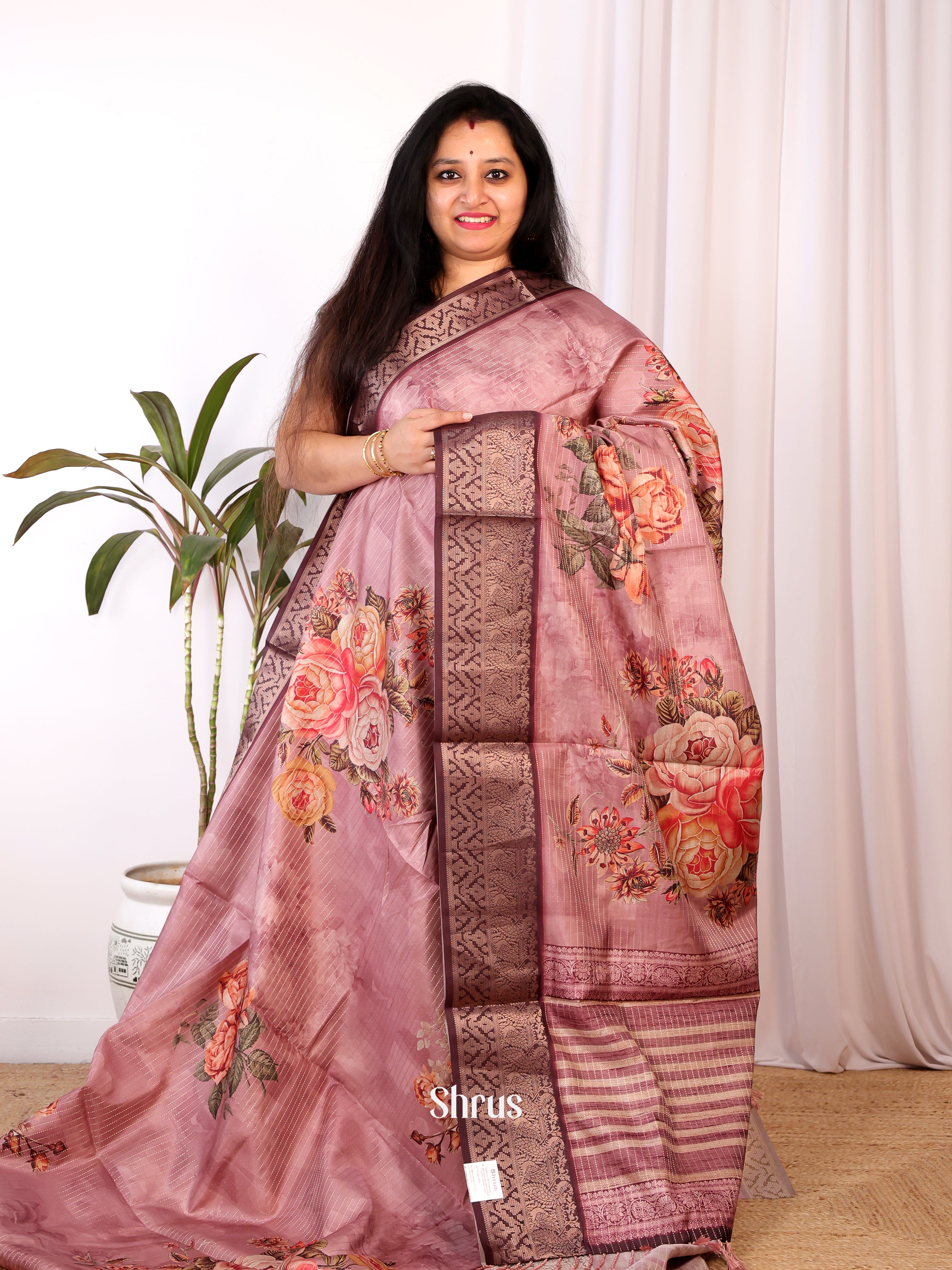 Purple & Brown - Semi Chanderi Saree - Shop on Shrus.com