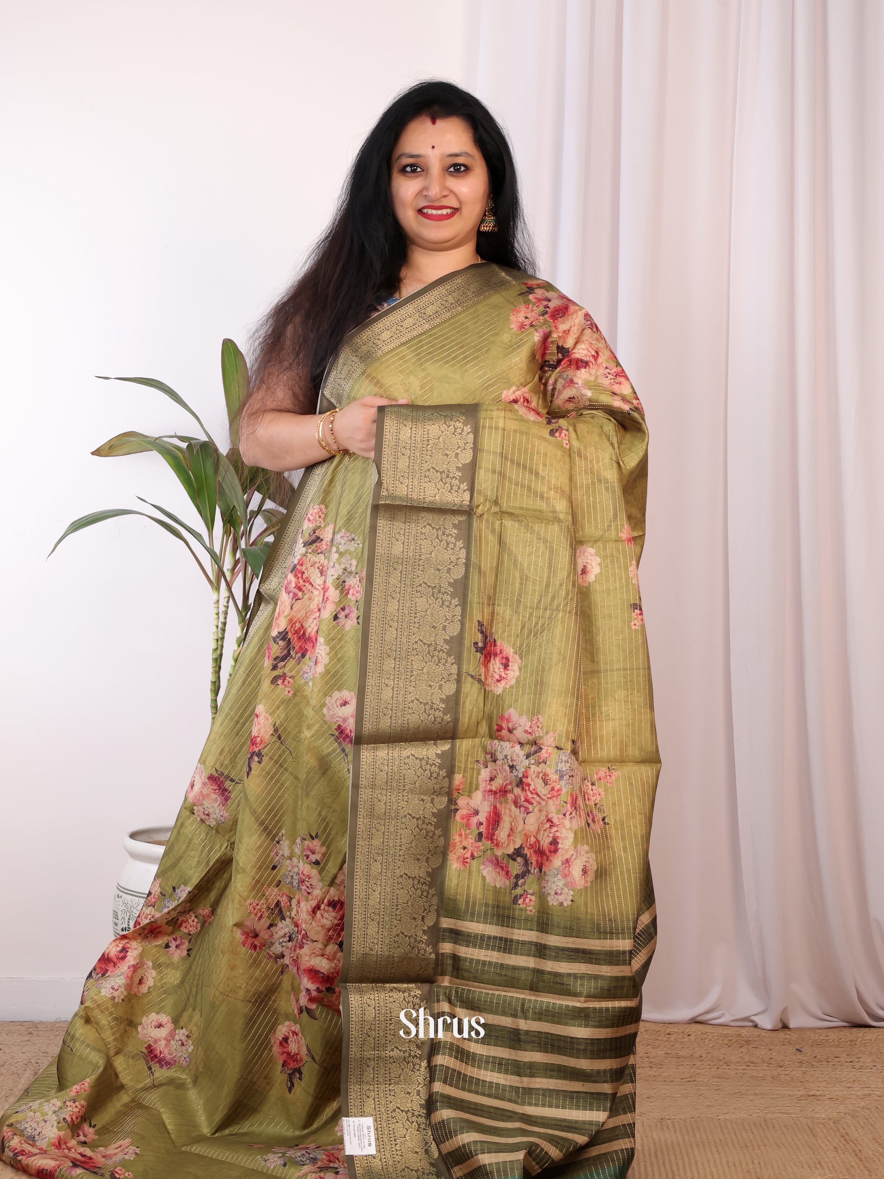 Green - Semi Chanderi Saree - Shop on Shrus.com