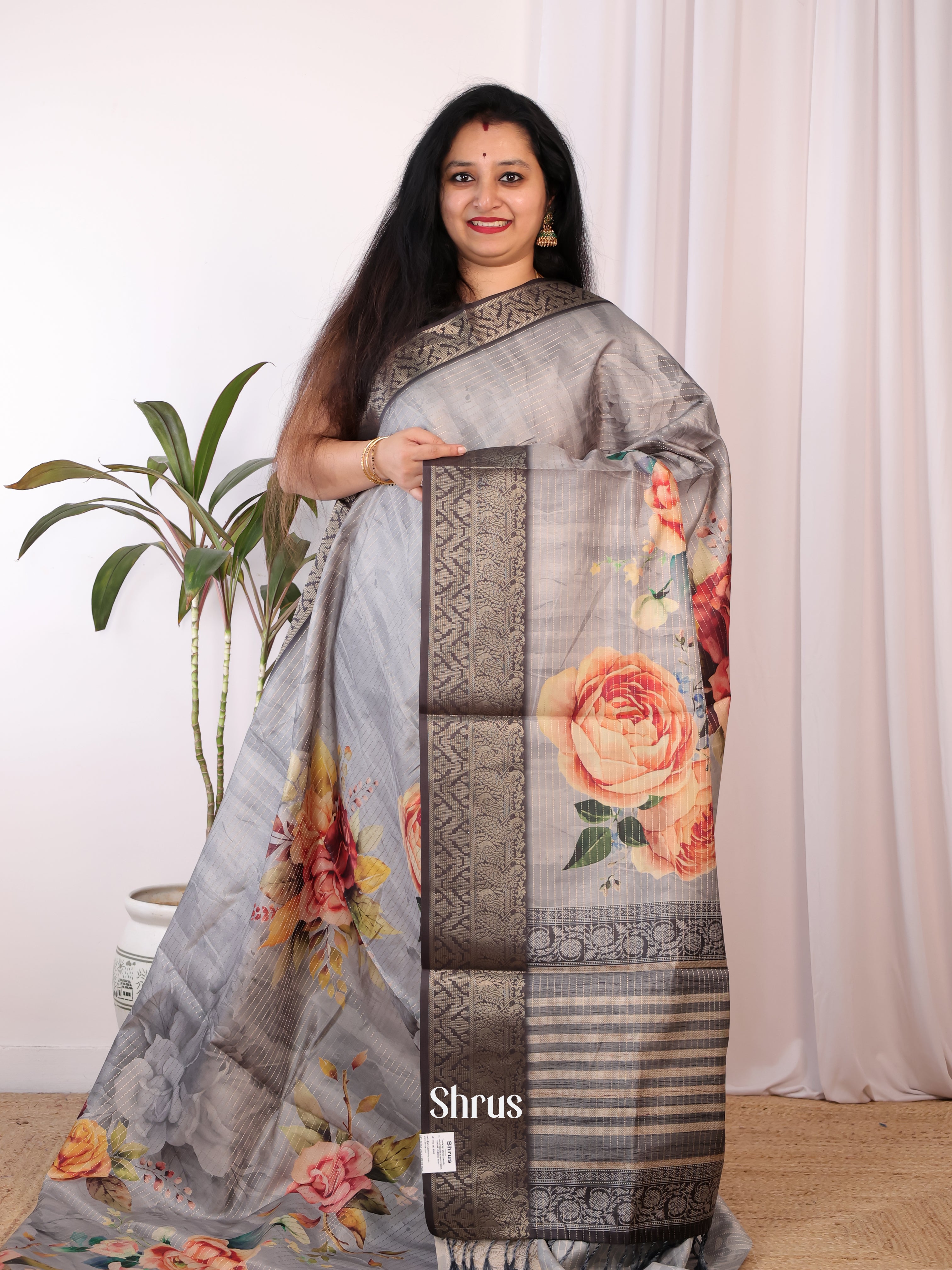 Grey - Semi Chanderi Saree - Shop on Shrus.com