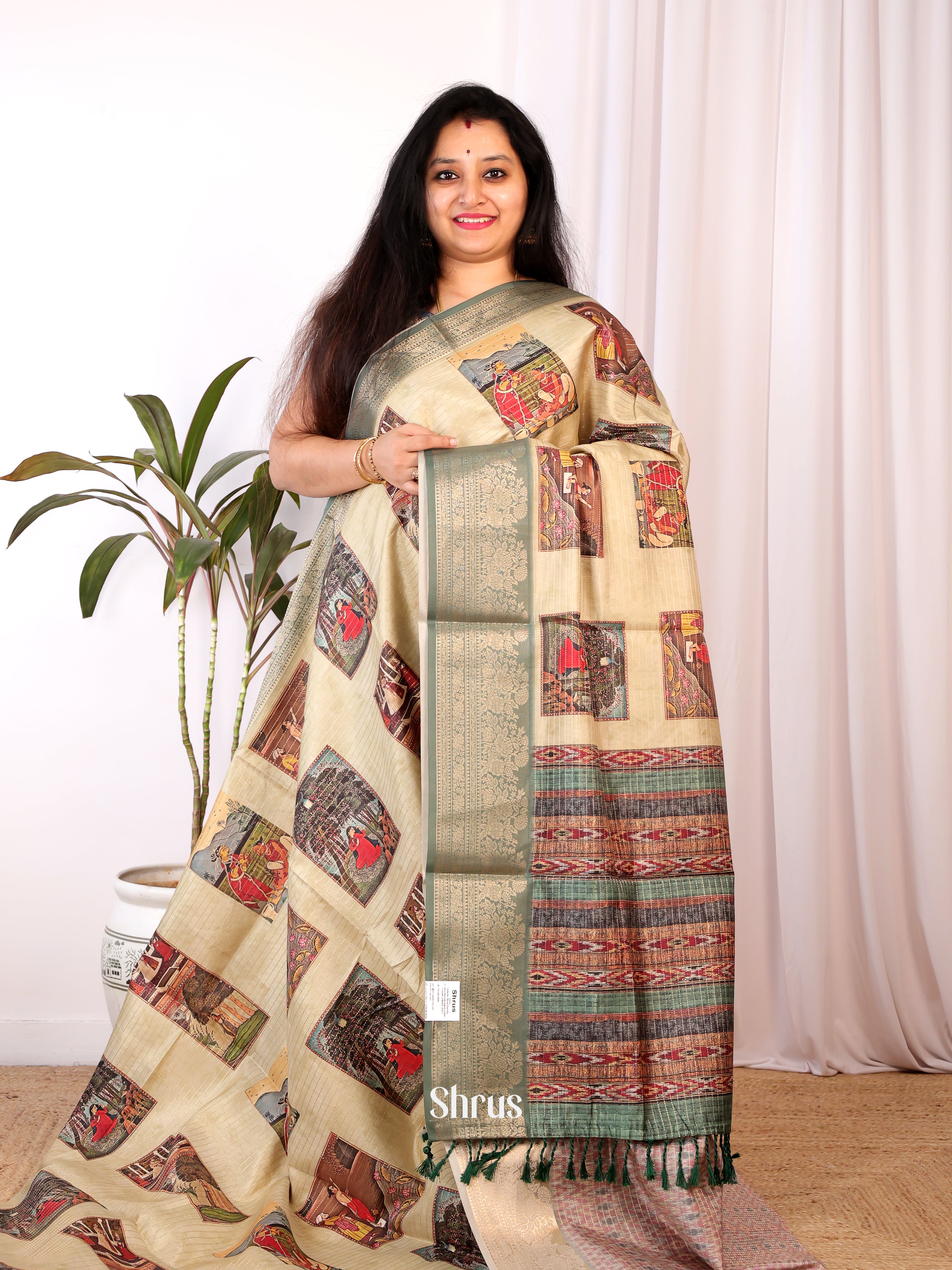 Cream & Green - Semi Chanderi Saree - Shop on Shrus.com