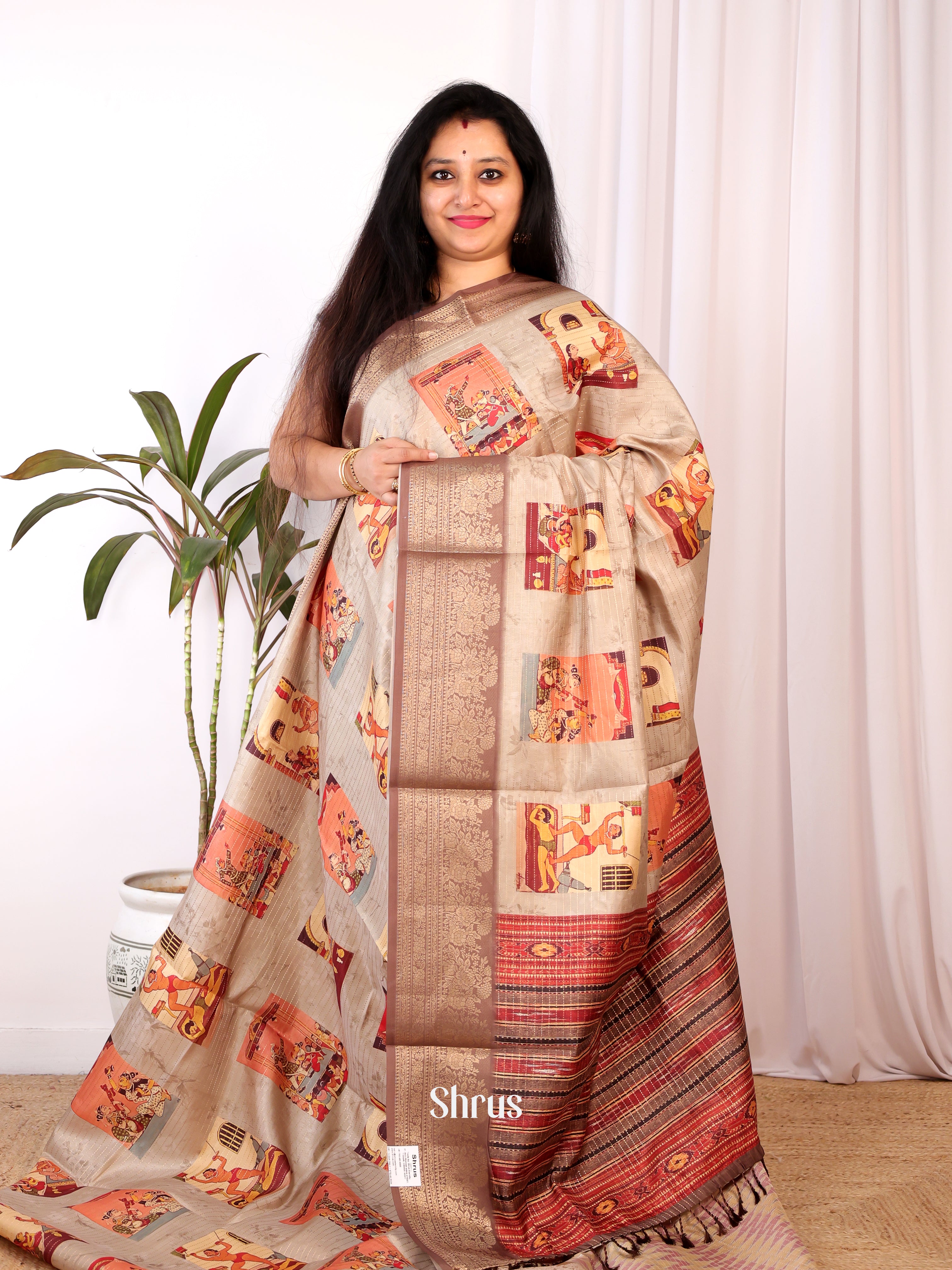 Grey & Brown - Semi Chanderi Saree - Shop on Shrus.com