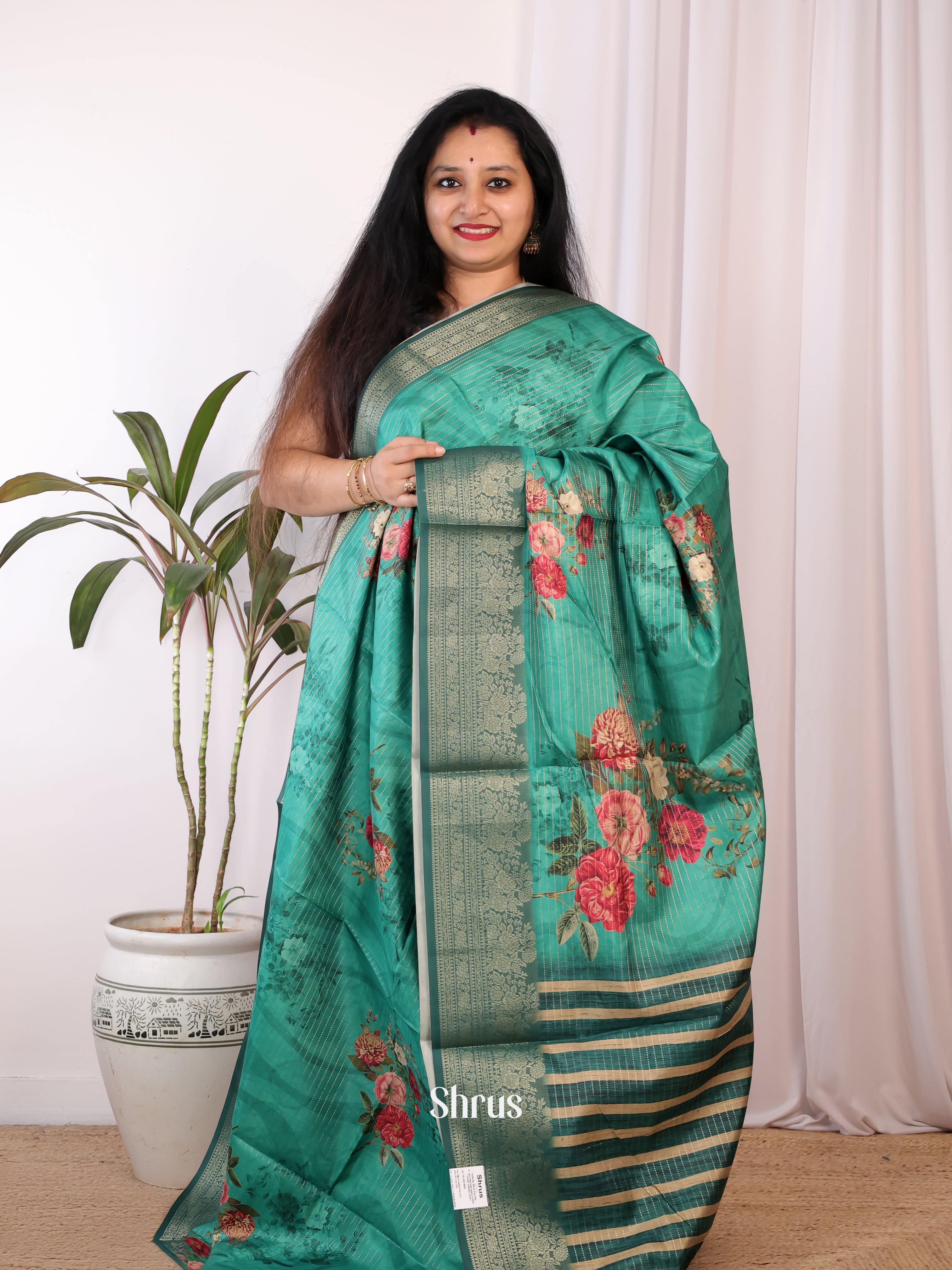 Green - Semi Chanderi Saree - Shop on Shrus.com