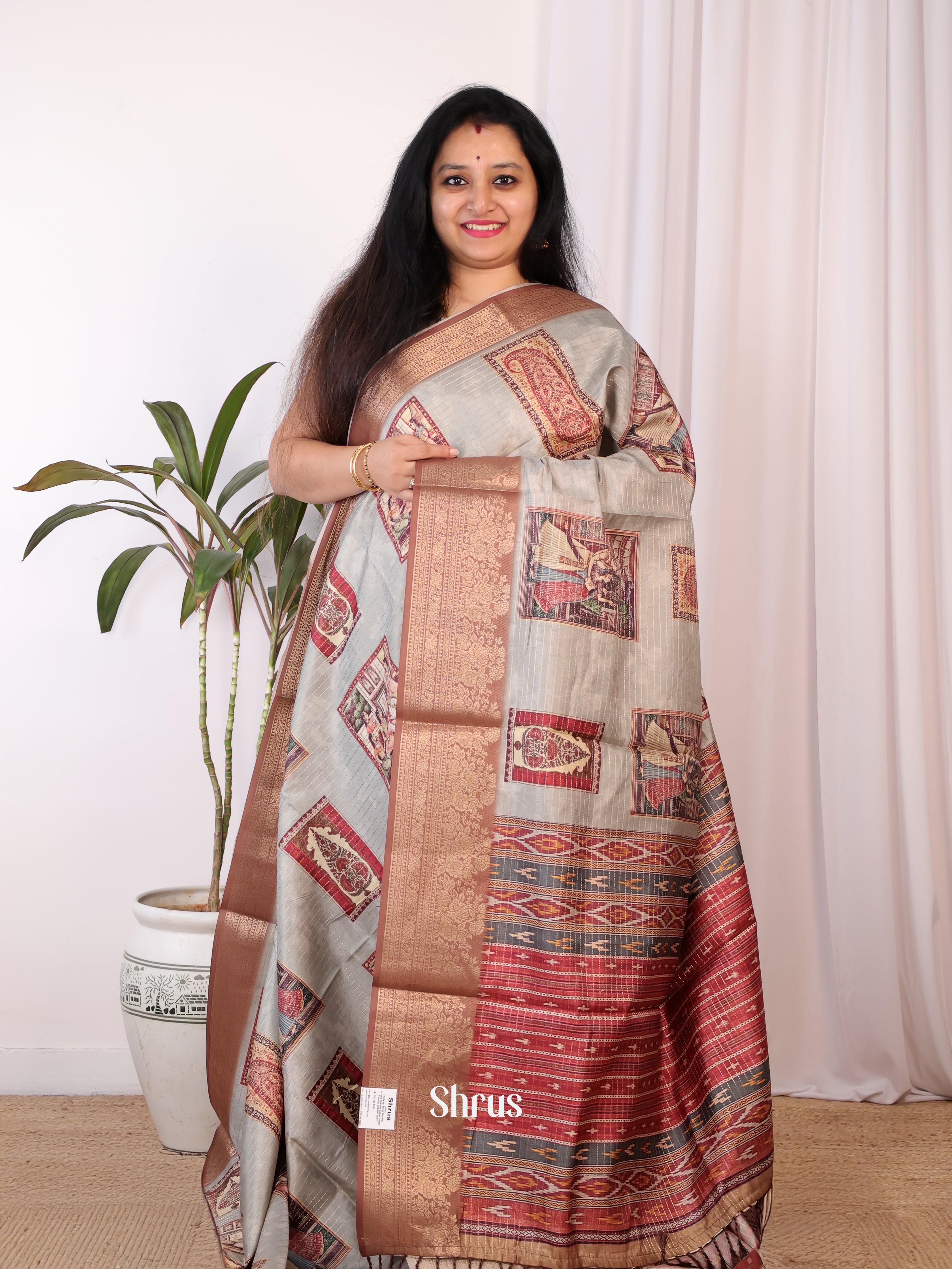 Grey & Brown - Semi Chanderi Saree - Shop on Shrus.com