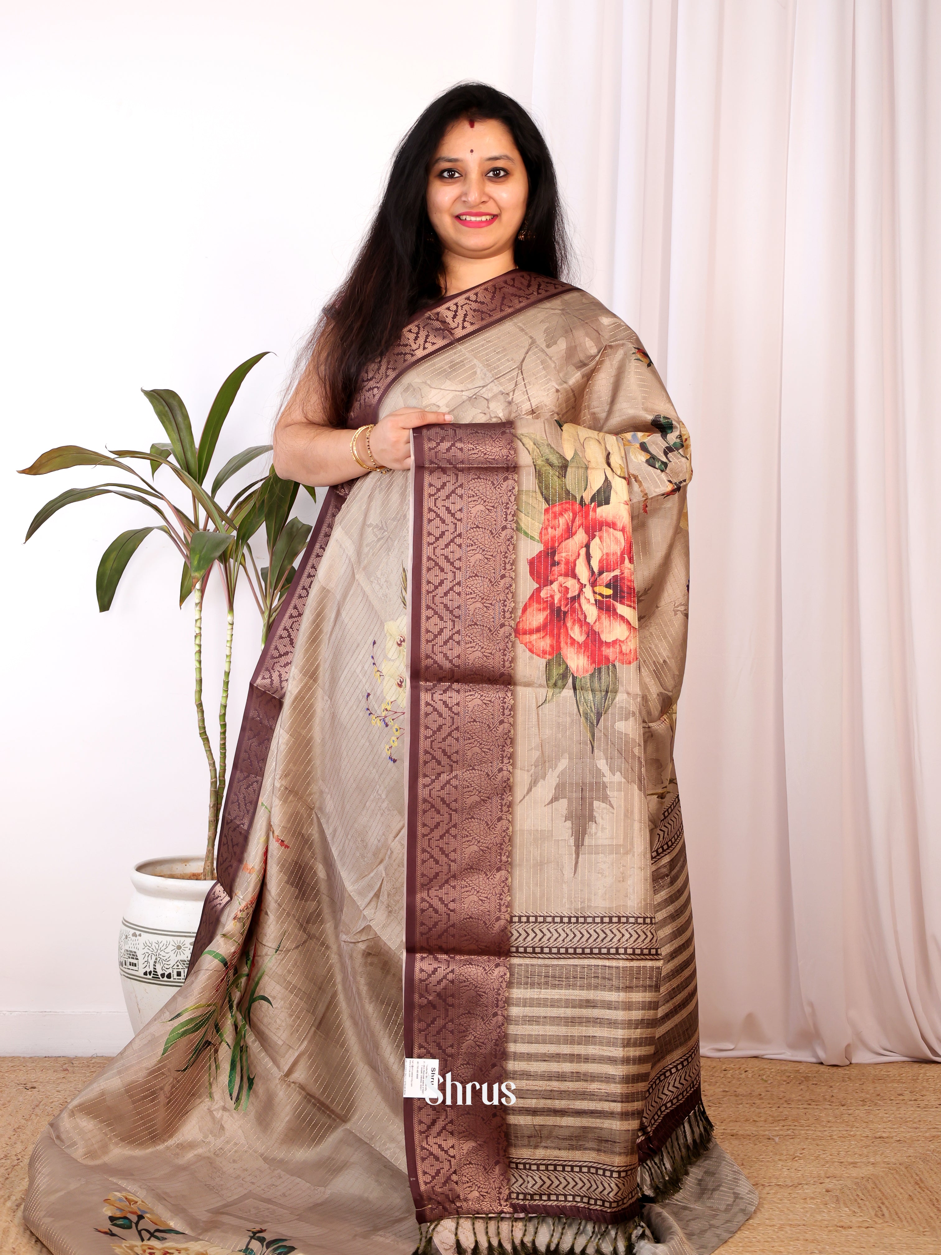 Grey & Brown - Semi Chanderi Saree - Shop on Shrus.com