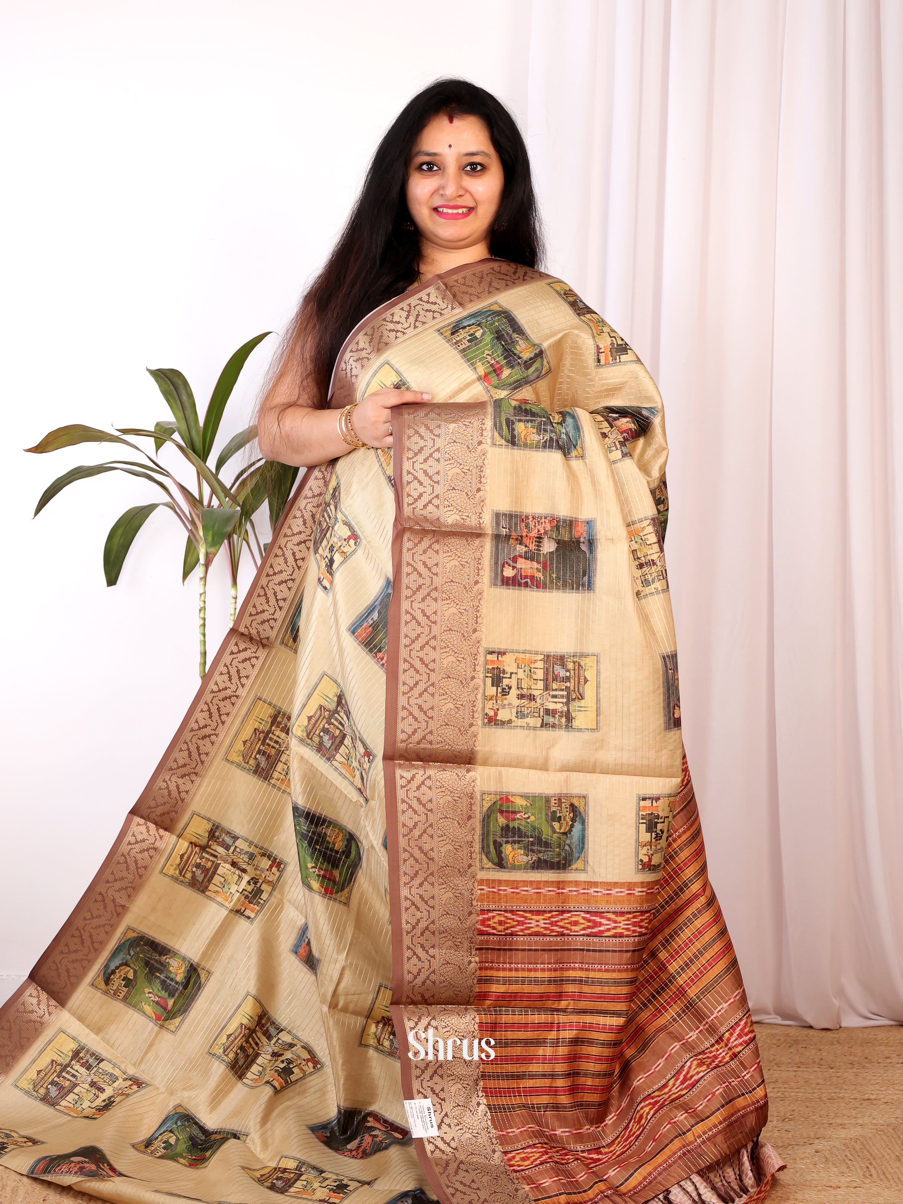 Beige & Brown - Semi Chanderi Saree - Shop on Shrus.com