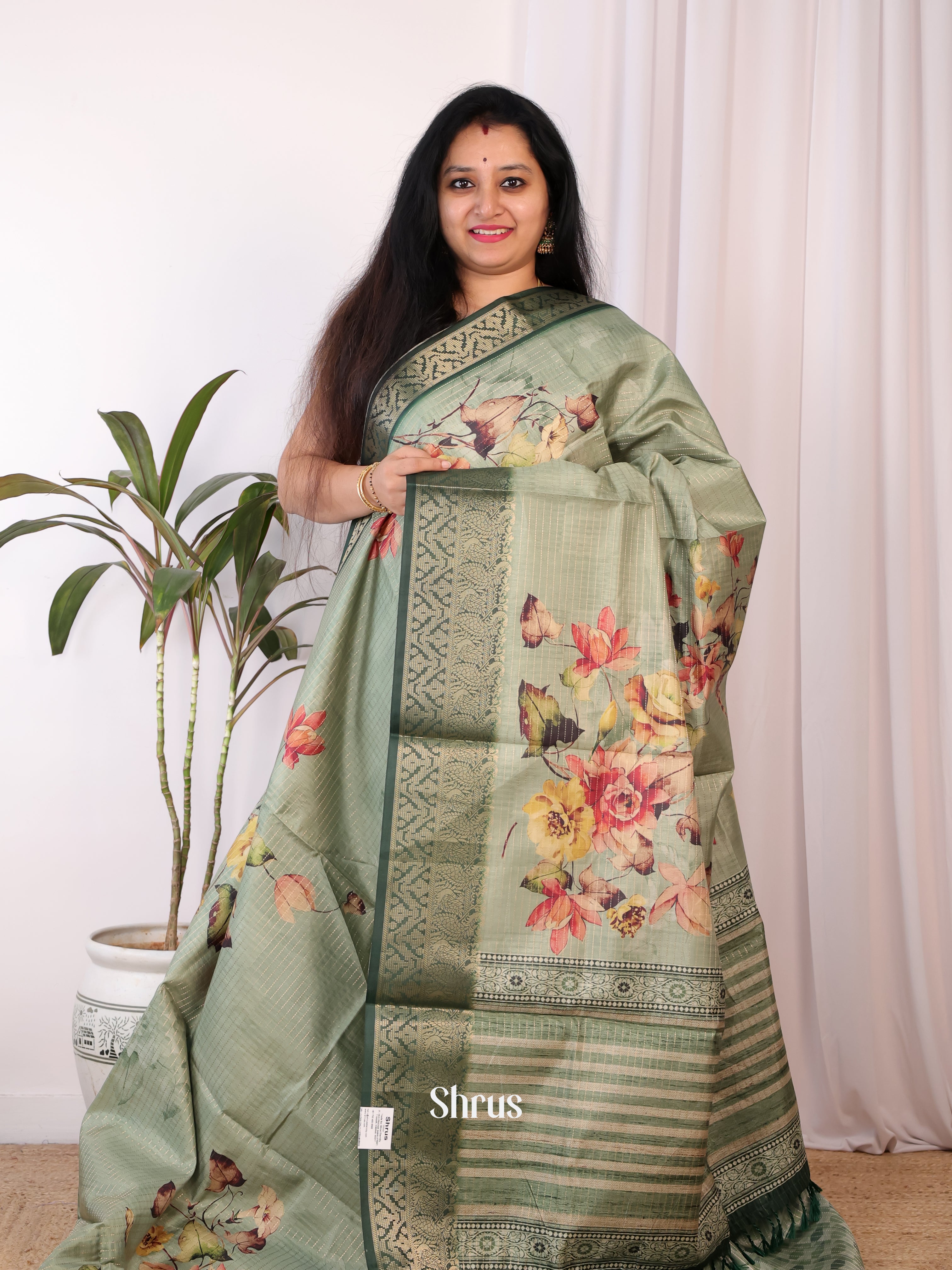Green - Semi Chanderi Saree - Shop on Shrus.com