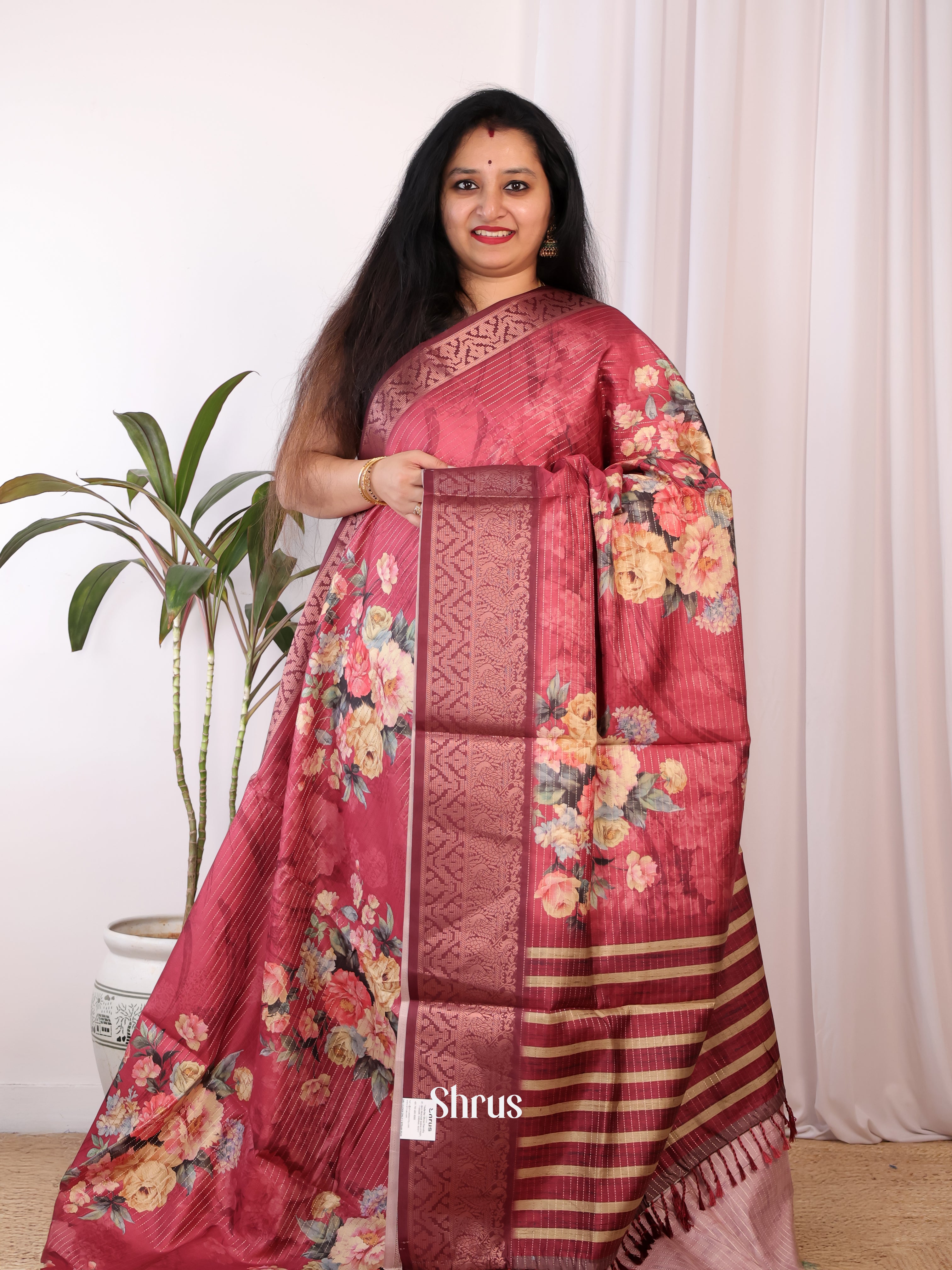 Maroon - Semi Chanderi Saree - Shop on Shrus.com