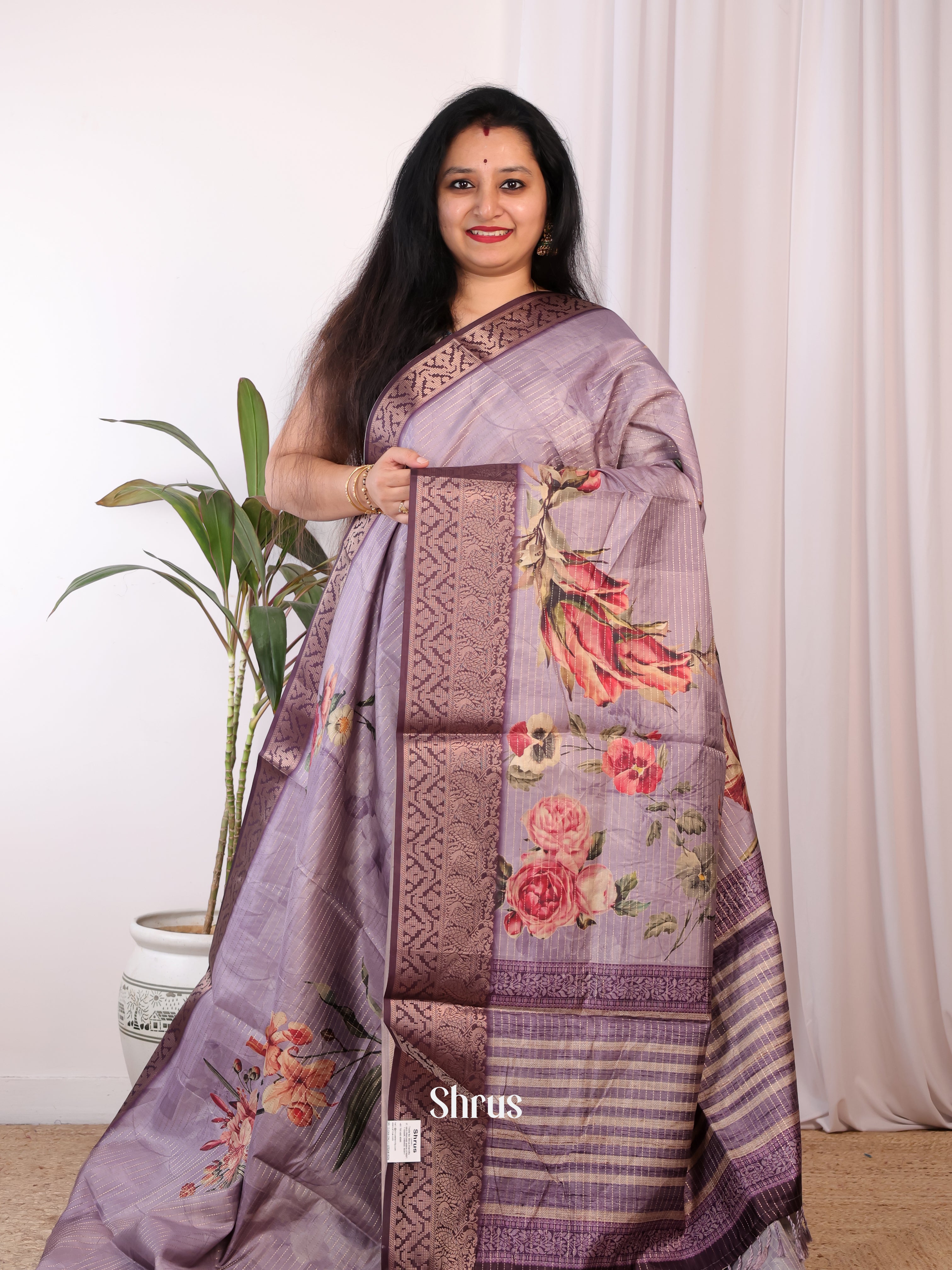 Lavender & Purple - Semi Chanderi Saree - Shop on Shrus.com