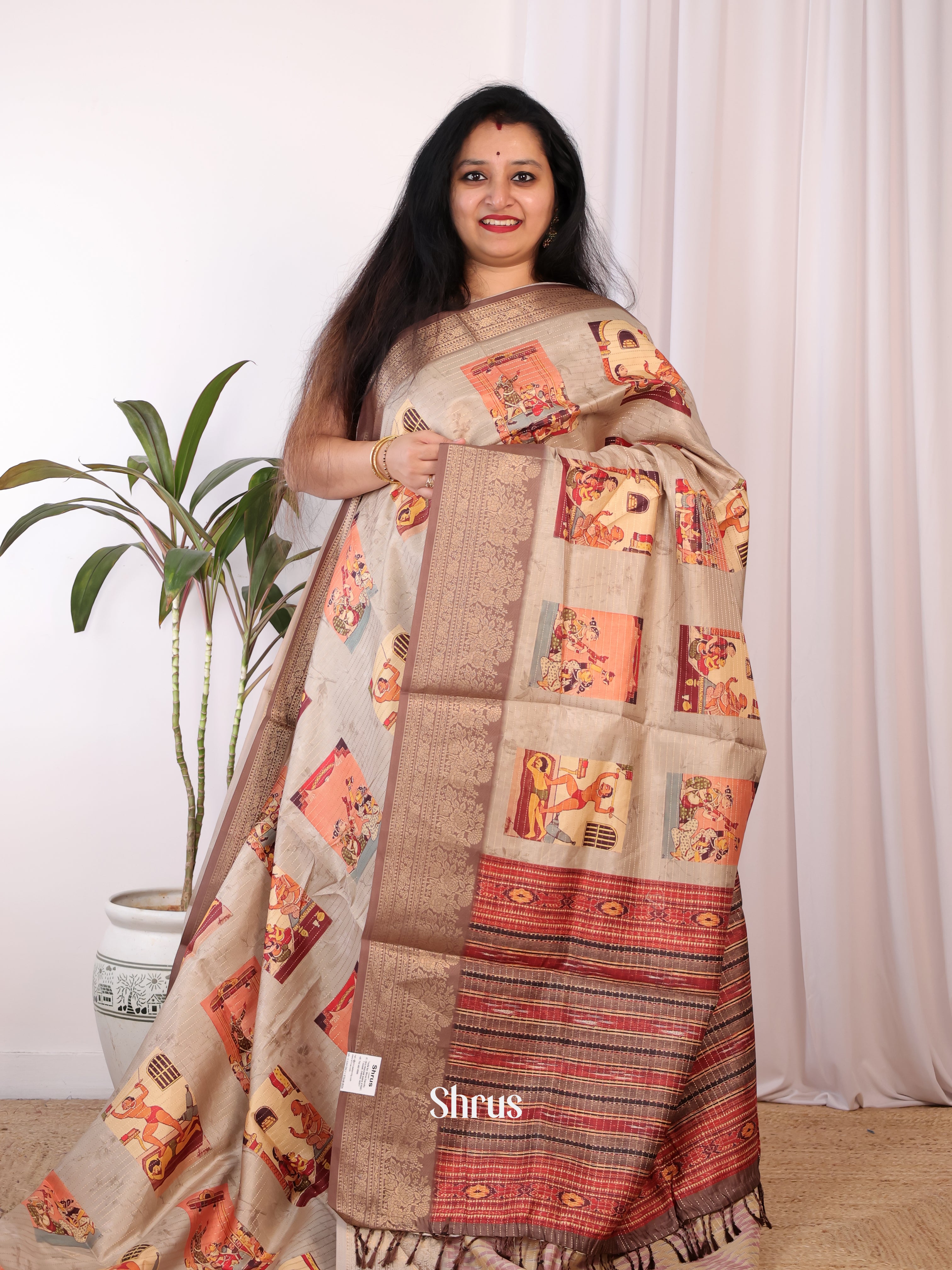 Grey & Brown - Semi Chanderi Saree - Shop on Shrus.com