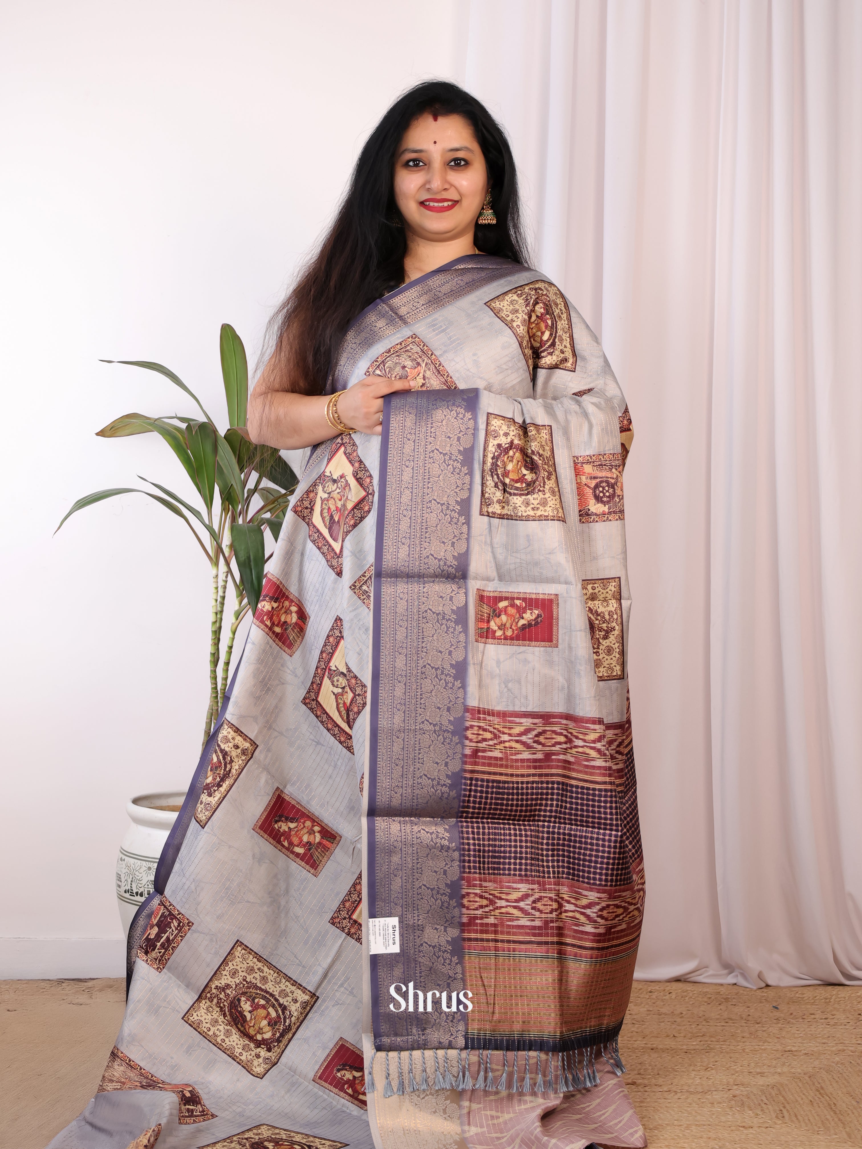 Grey - Semi Chanderi Saree - Shop on Shrus.com