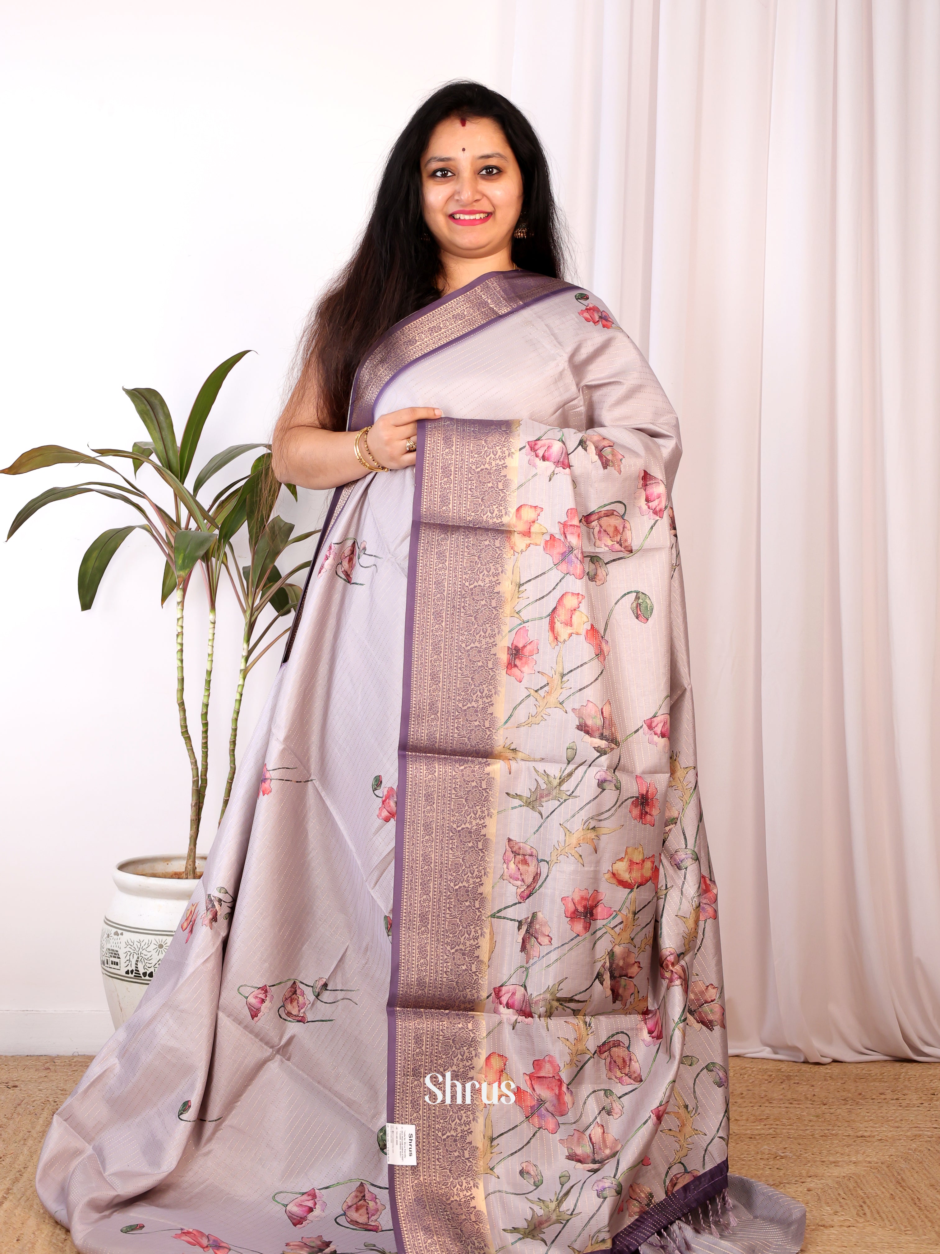 Mild Lavender & Purple - Semi Chanderi Saree - Shop on Shrus.com