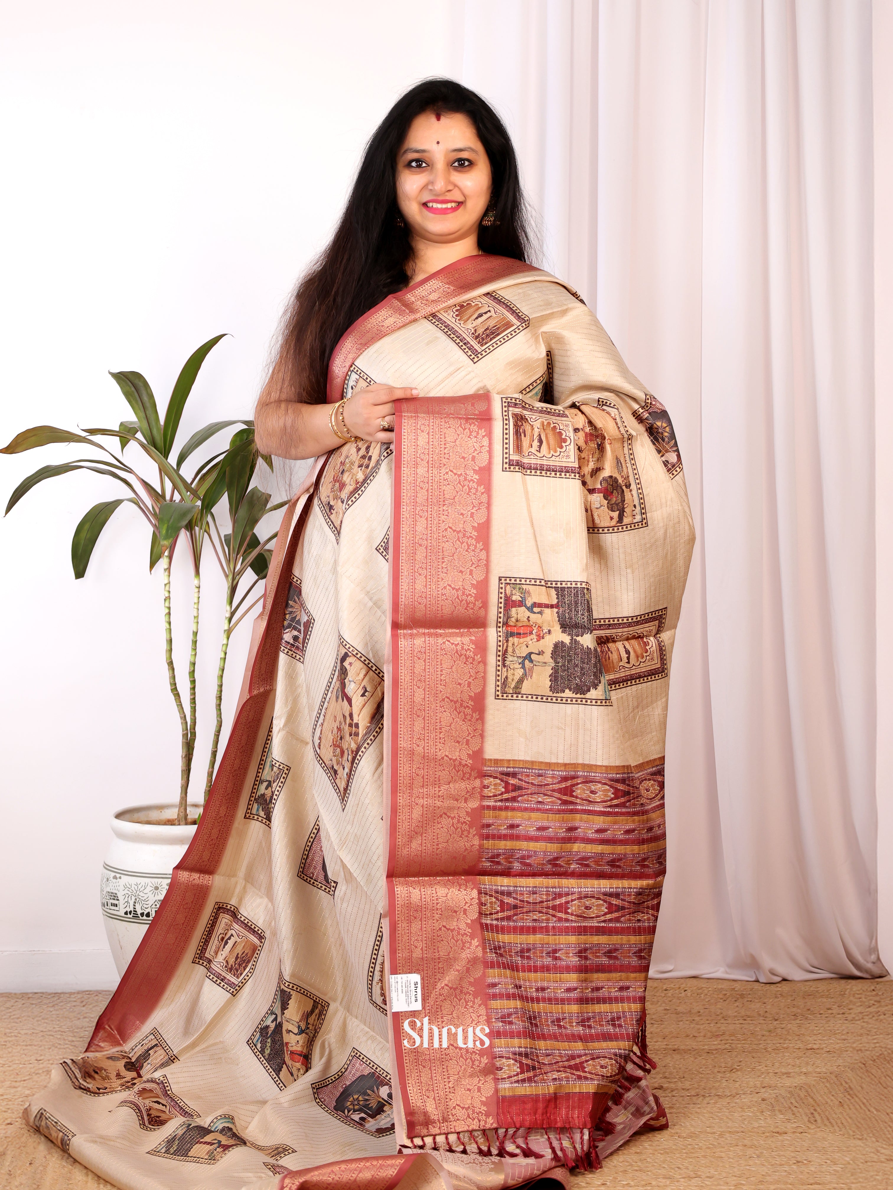 Cream & Brown - Semi Chanderi Saree - Shop on Shrus.com