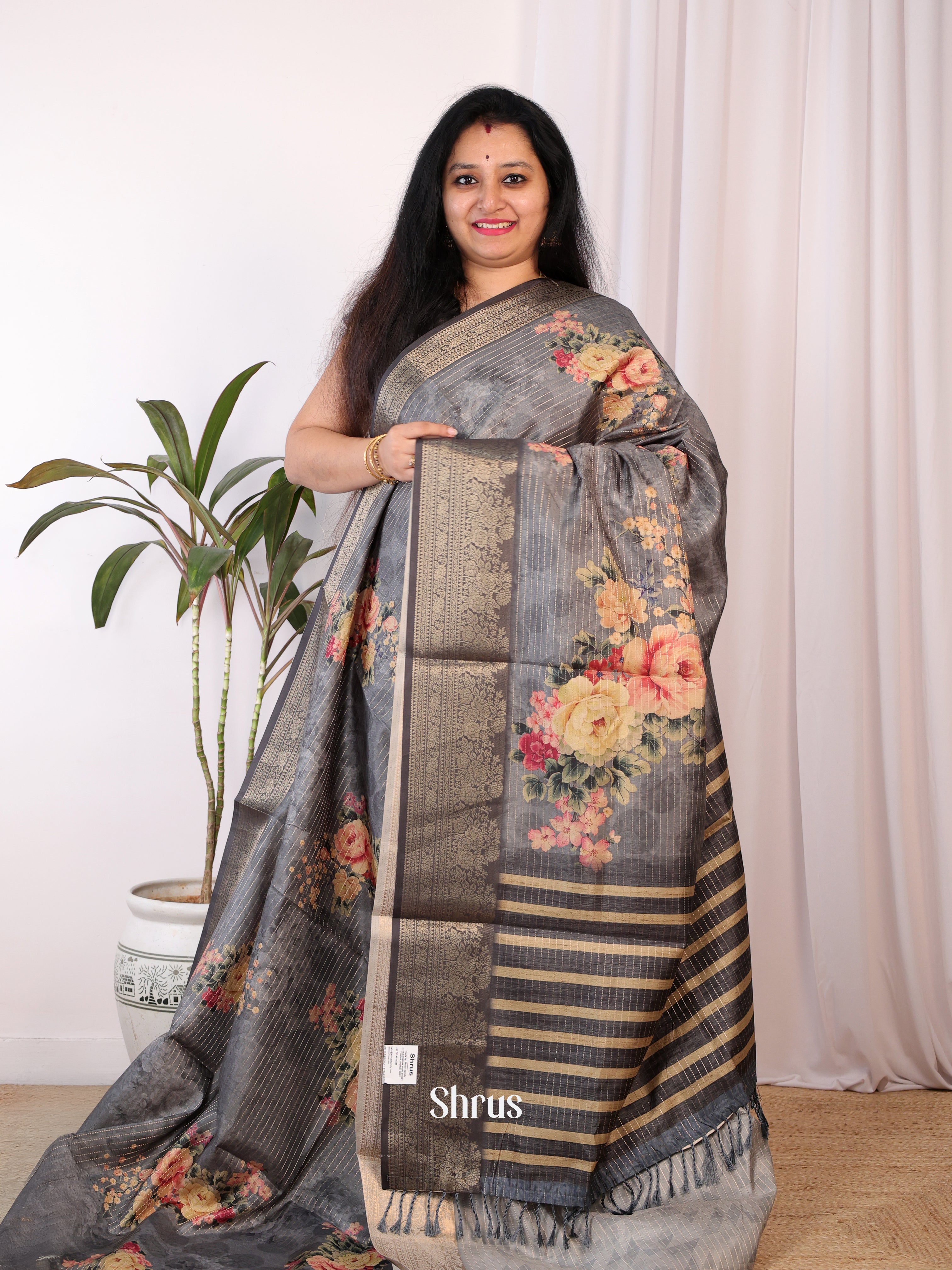 Grey - Semi Chanderi Saree - Shop on Shrus.com