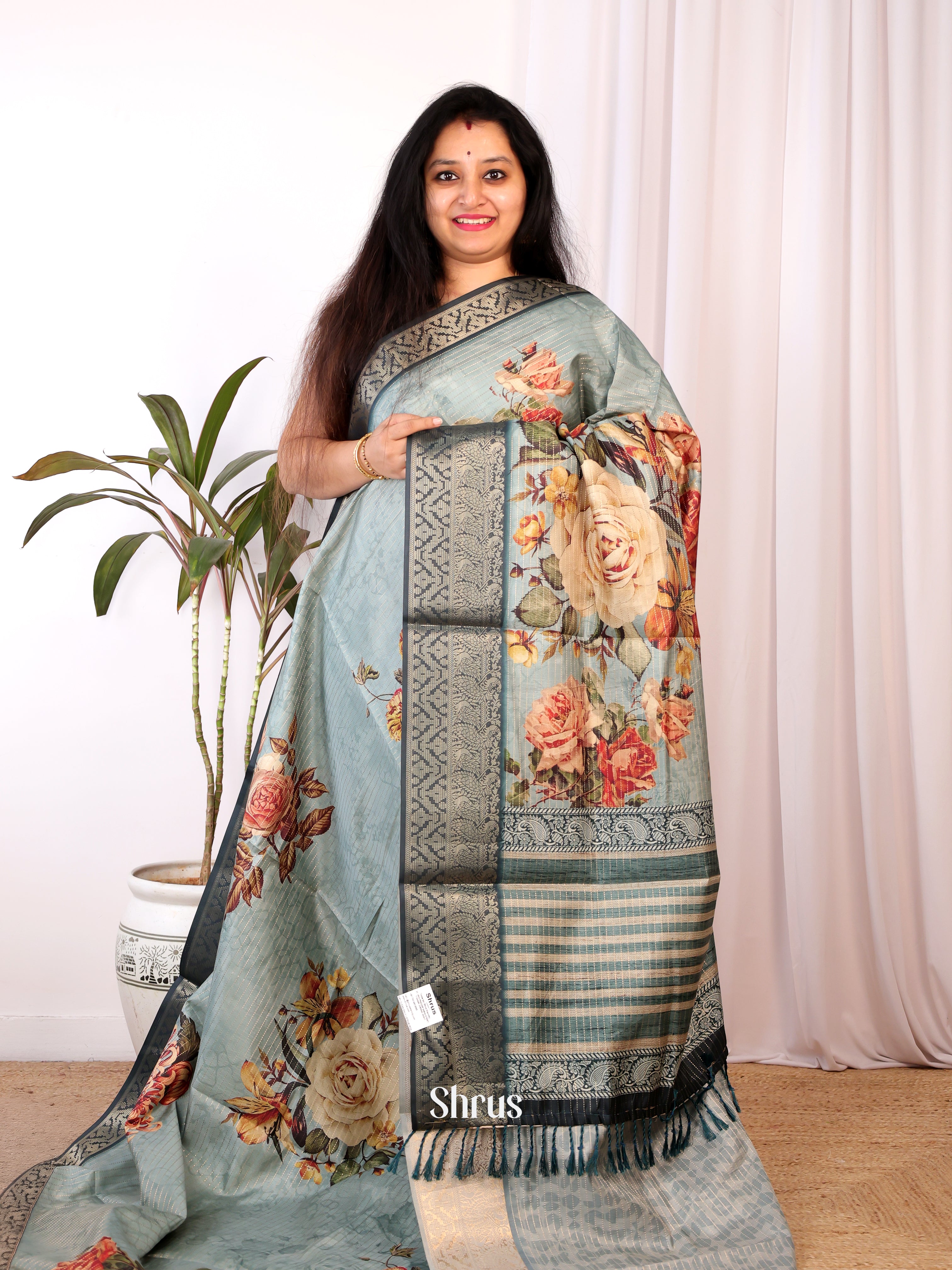 Blue - Semi Chanderi Saree - Shop on Shrus.com