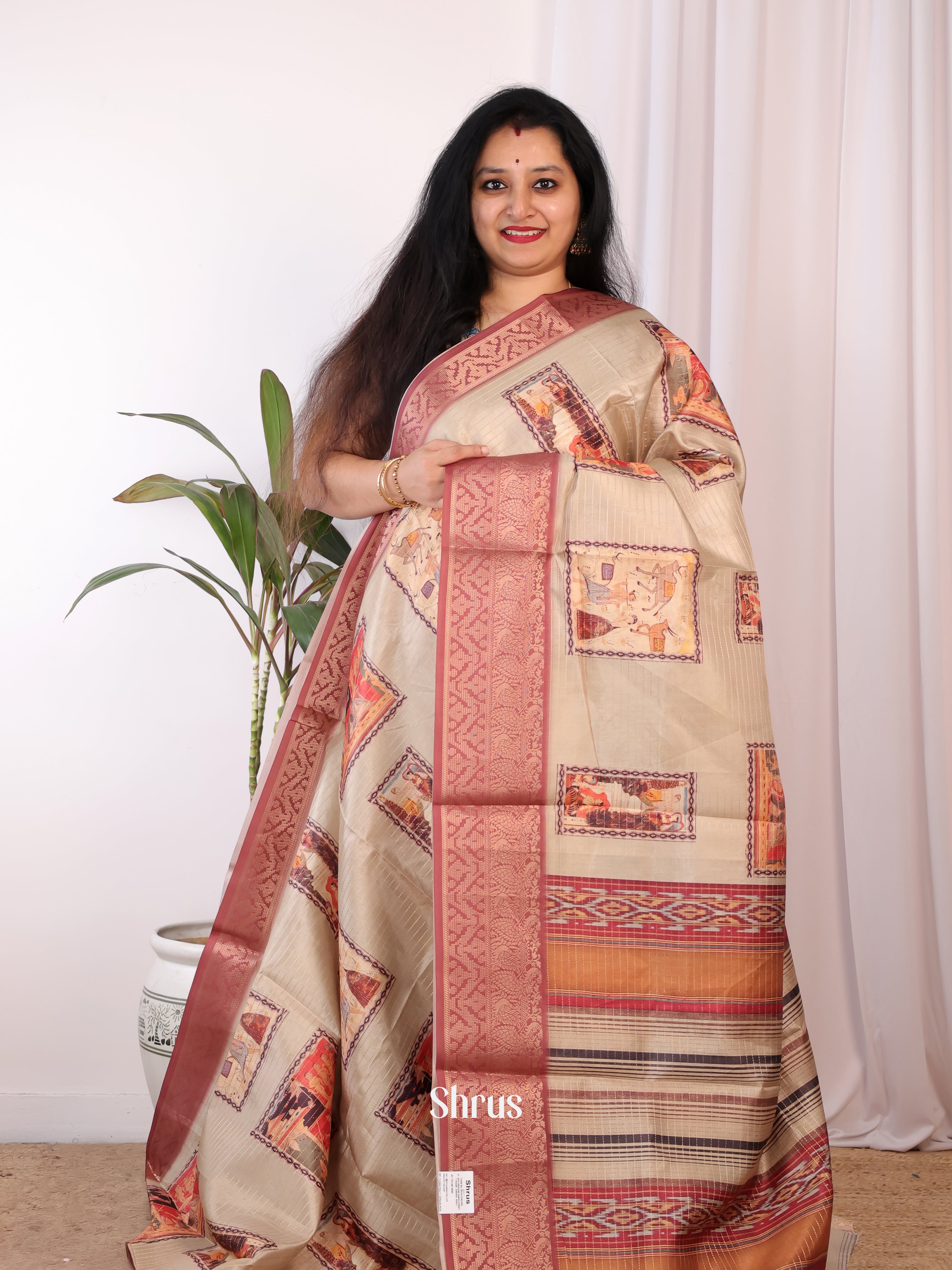 Grey & Brown - Semi Chanderi Saree - Shop on Shrus.com
