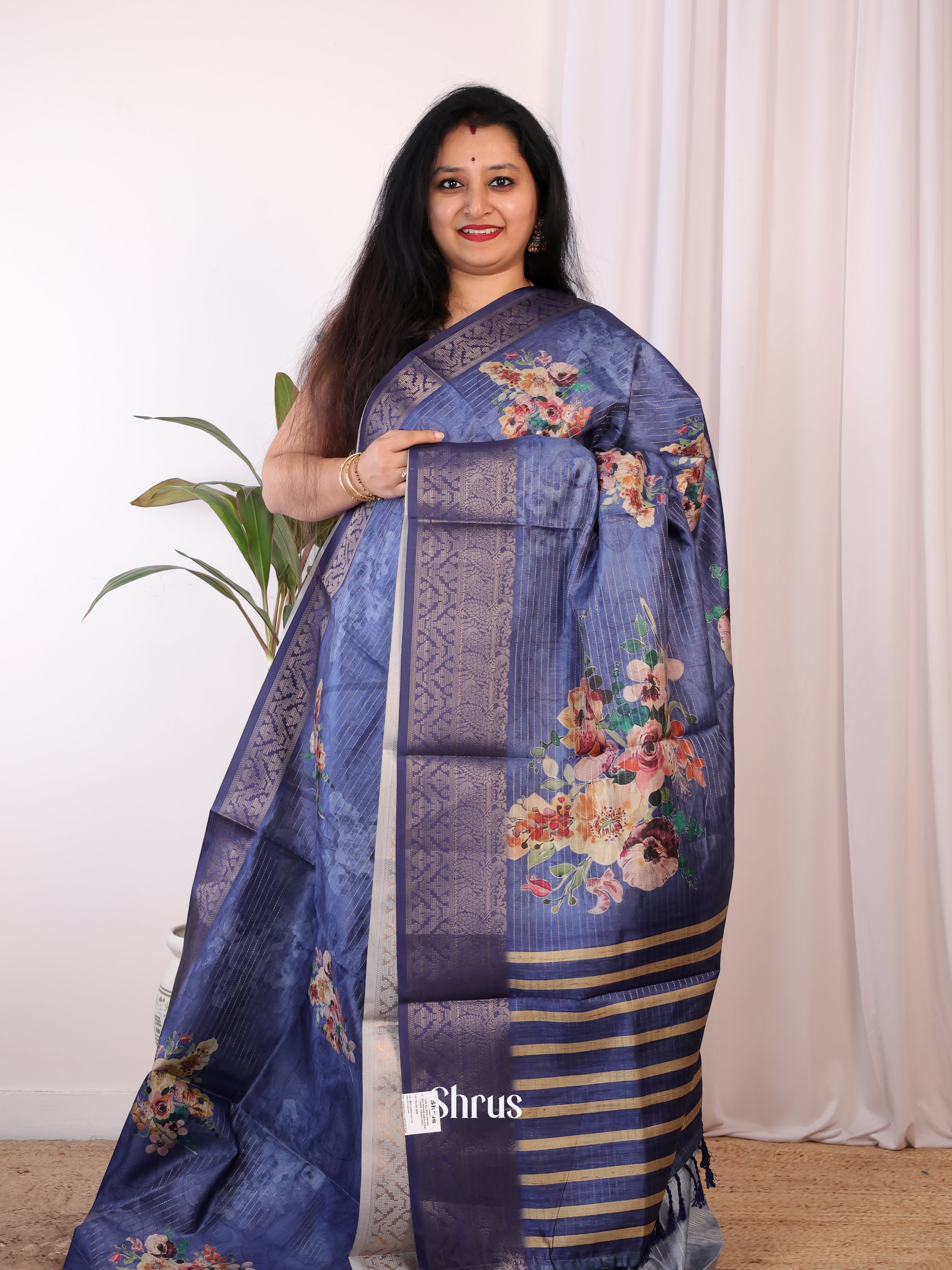 Blue - Semi Chanderi Saree - Shop on Shrus.com