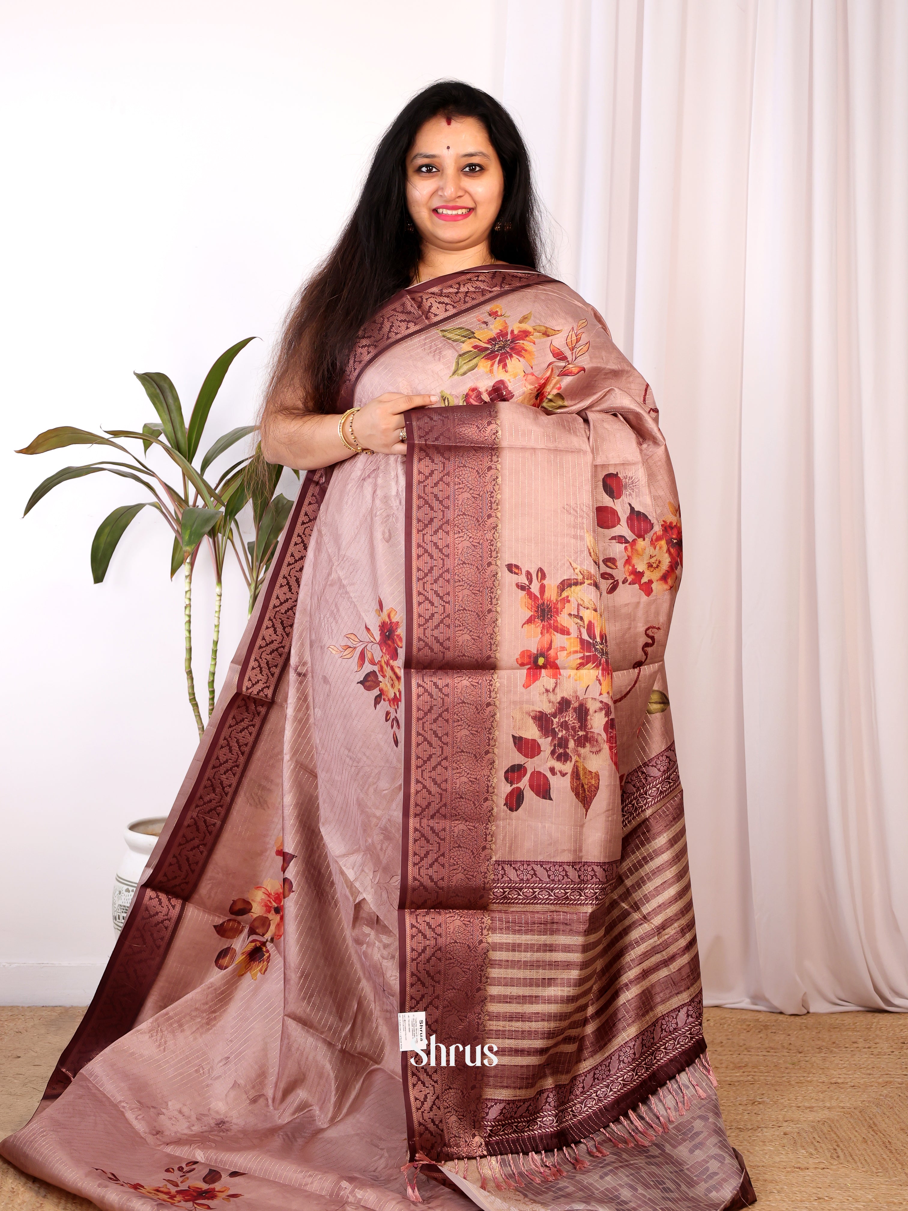 Dusty Pink & Brown- Semi Chanderi Saree - Shop on Shrus.com