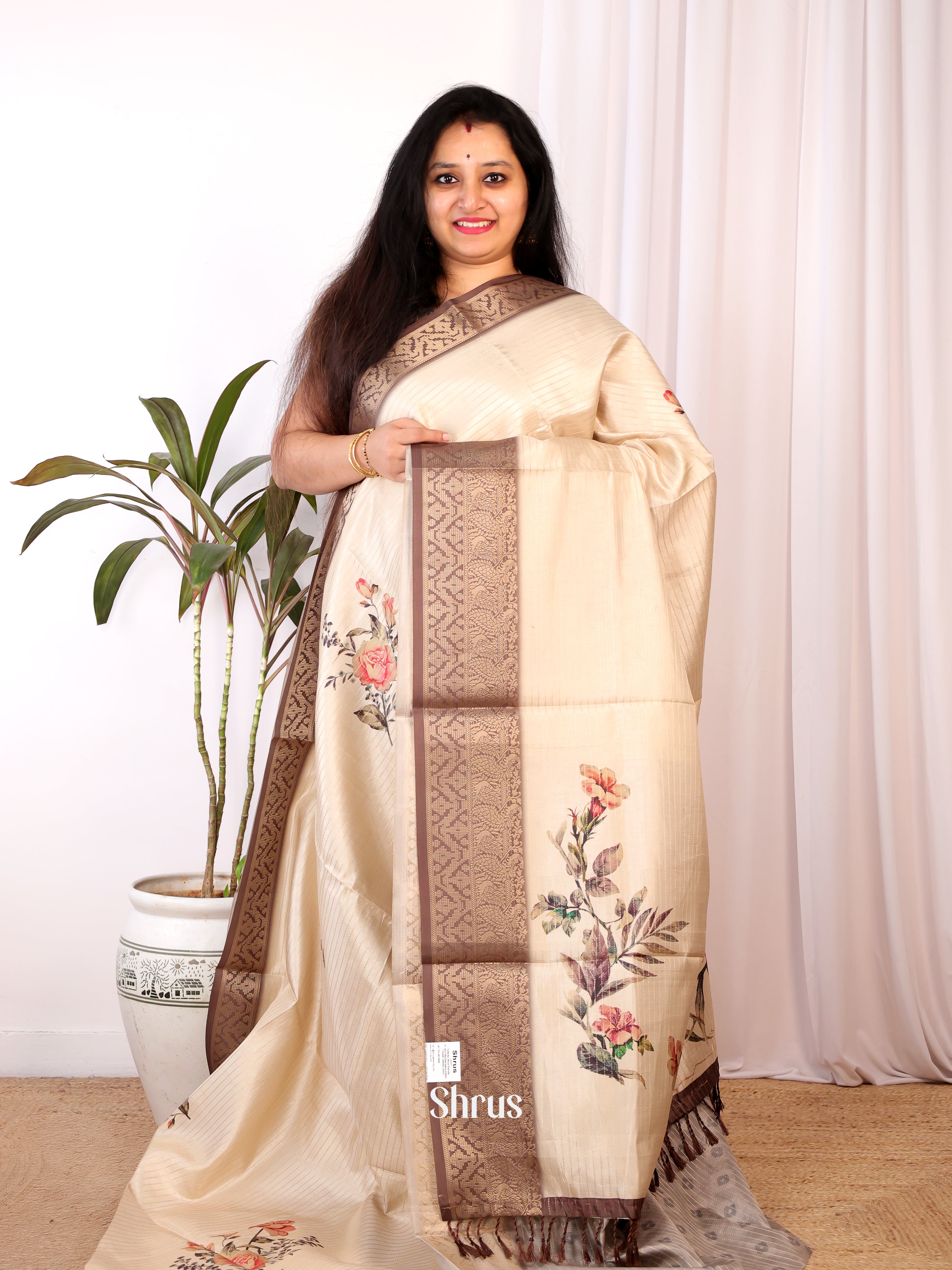 Cream & Brown - Semi Chanderi Saree - Shop on Shrus.com