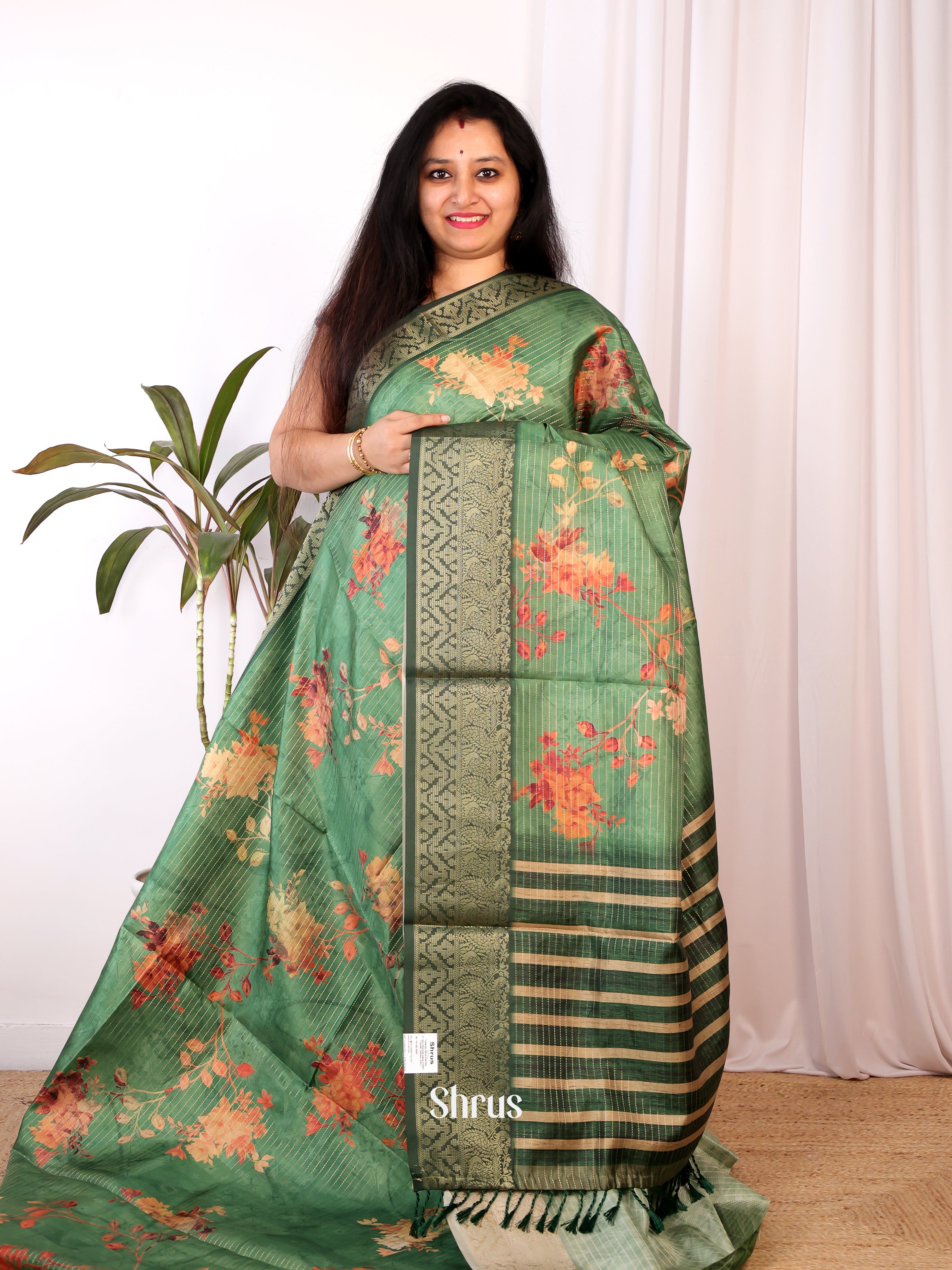 Green - Semi Chanderi Saree - Shop on Shrus.com