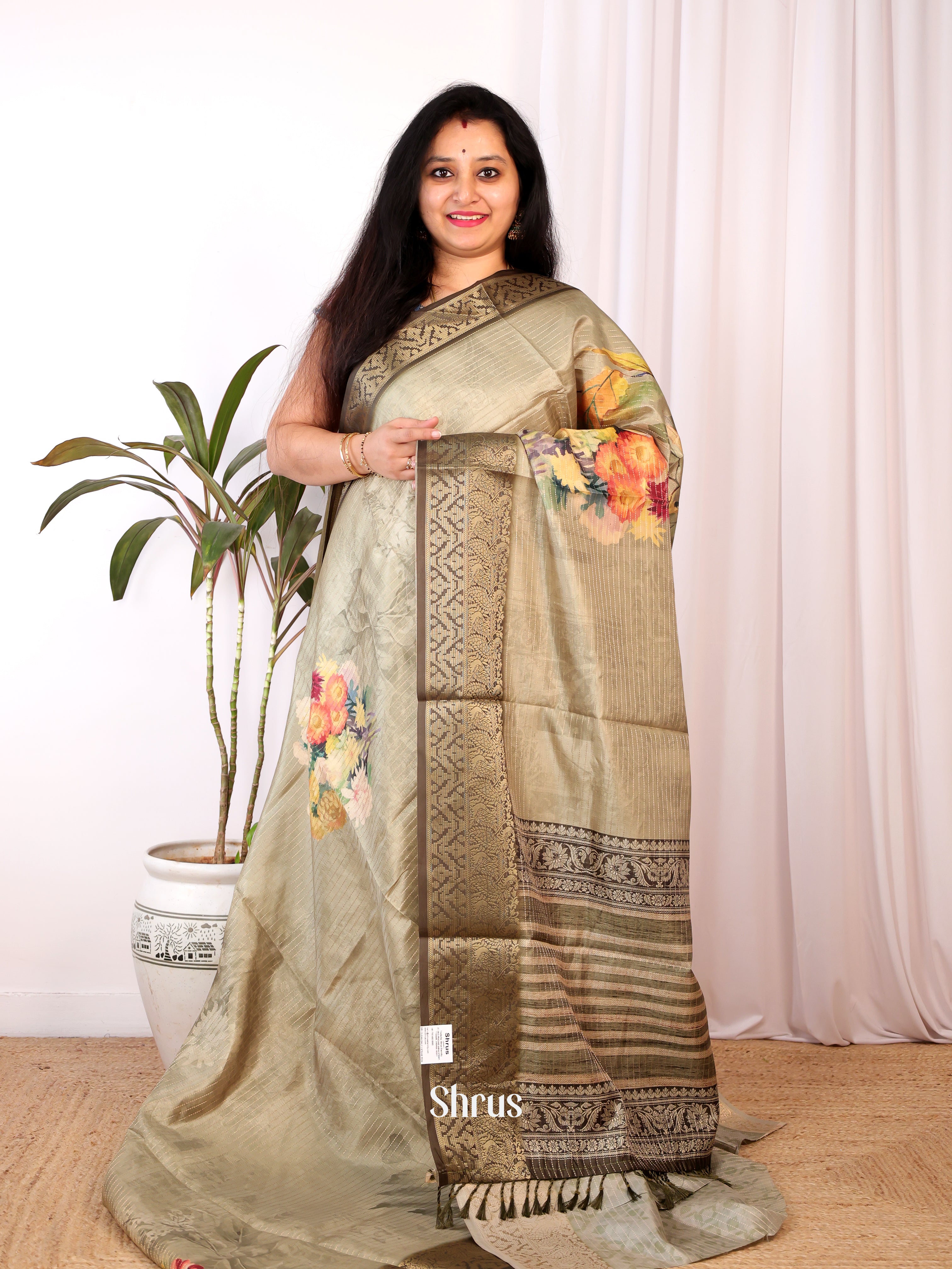 Lite Green & Green - Semi Chanderi Saree - Shop on Shrus.com