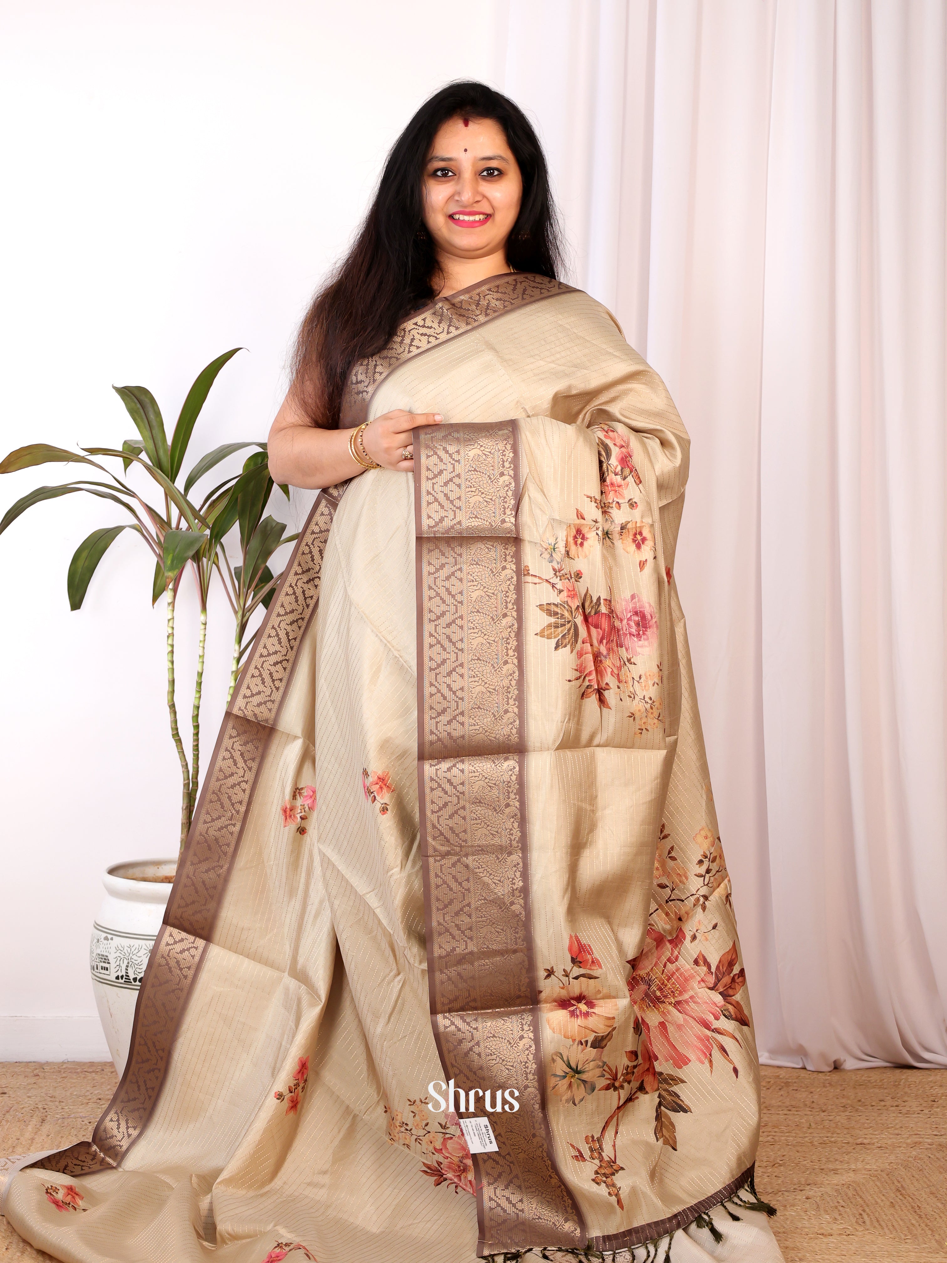 Cream & Brown- Semi Chanderi Saree - Shop on Shrus.com
