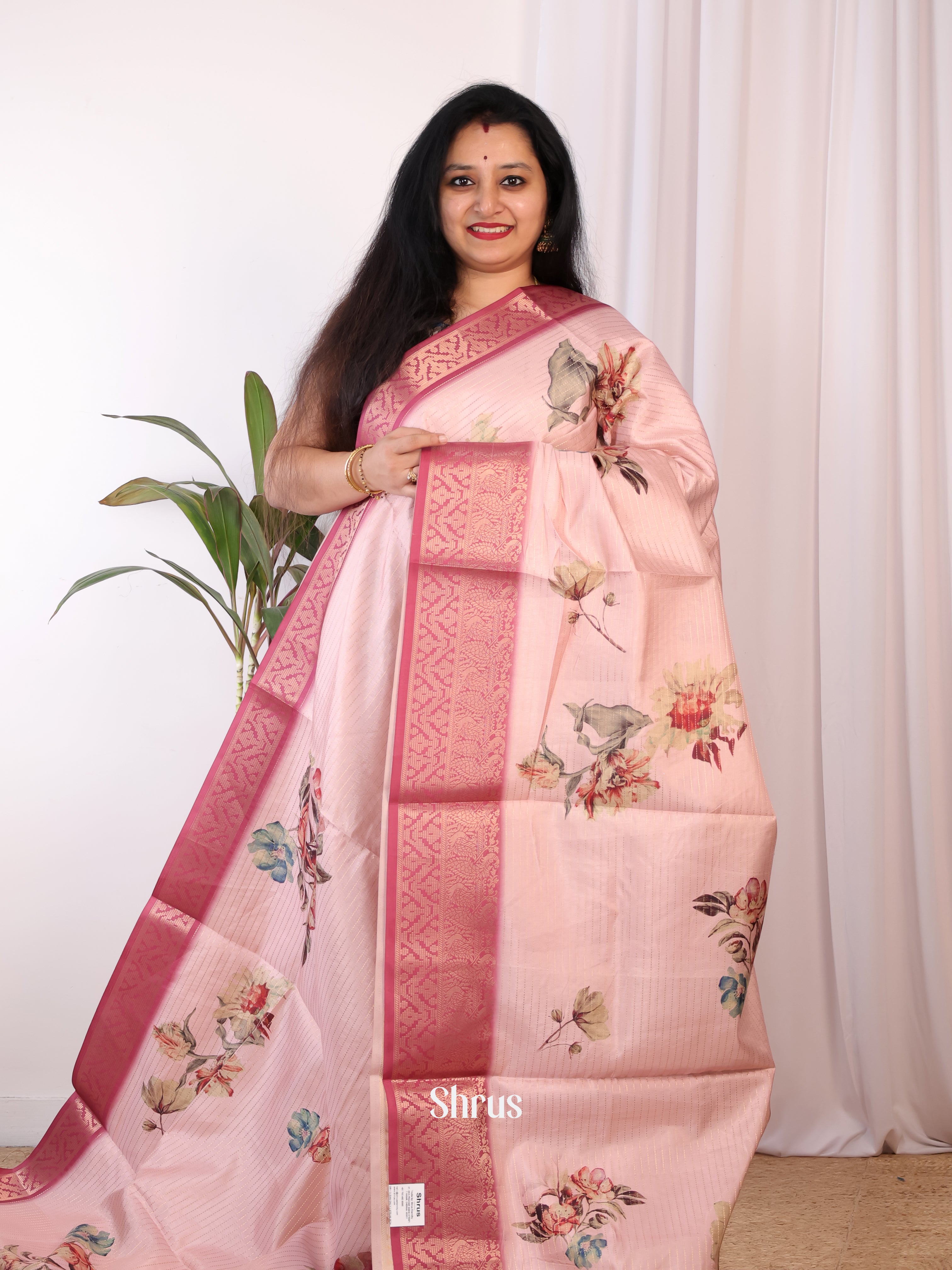 Lite Pink & Pink - Semi Chanderi Saree - Shop on Shrus.com