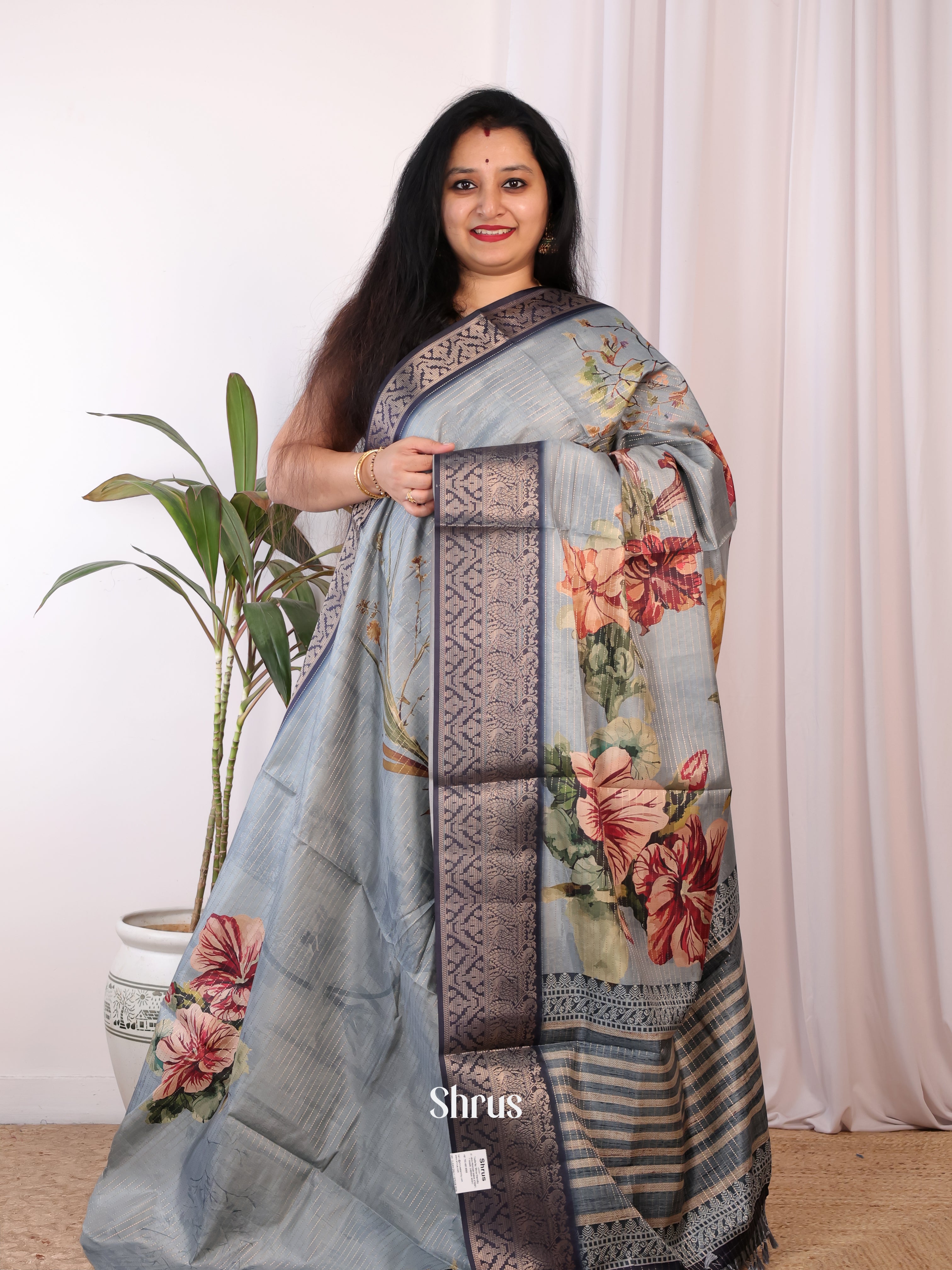 Blue - Semi Chanderi Saree - Shop on Shrus.com
