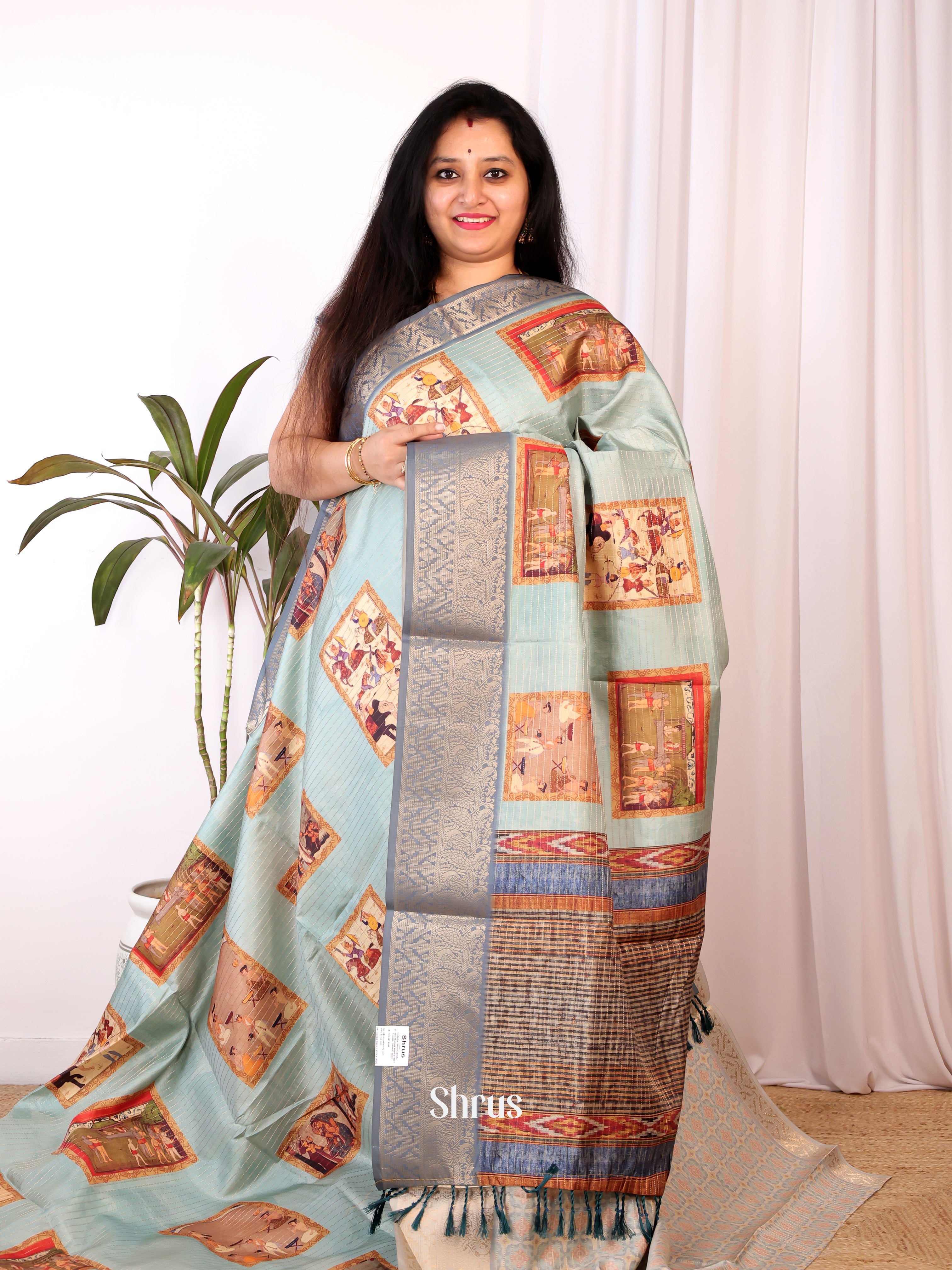 Blue- Semi Chanderi Saree - Shop on Shrus.com