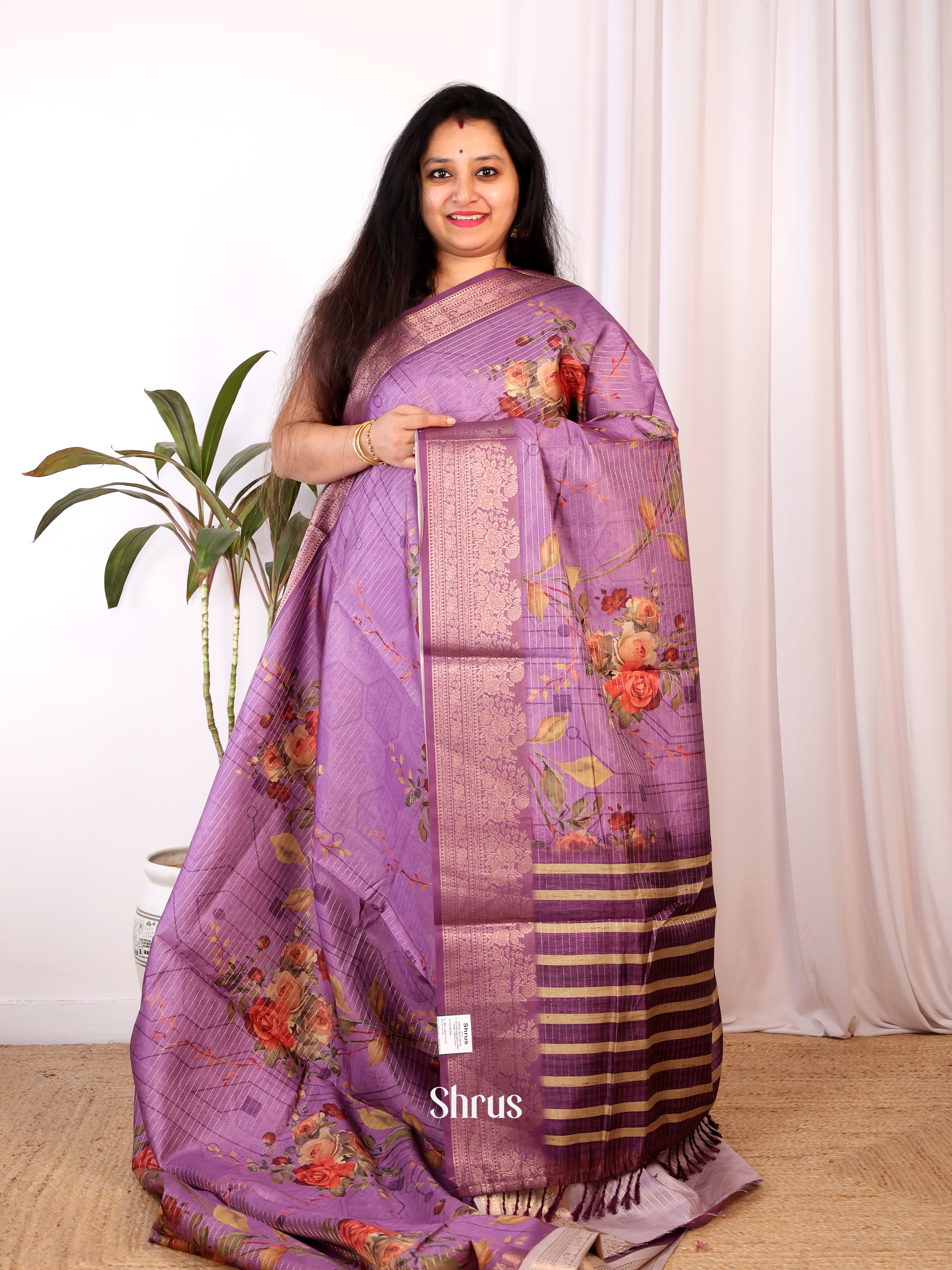 Purple - Semi Chanderi Saree - Shop on Shrus.com