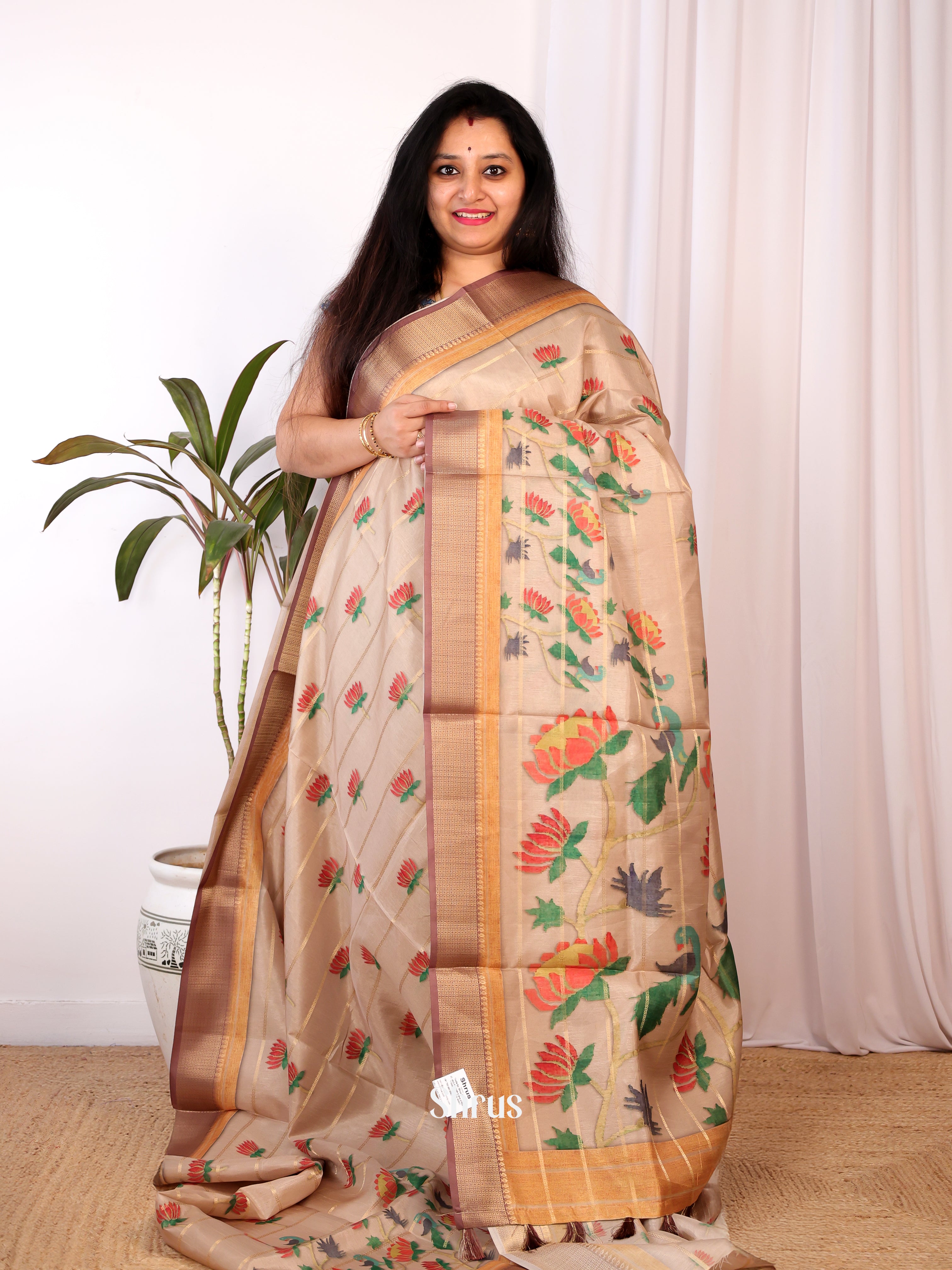 Beige & Brown - Semi Chanderi Saree - Shop on Shrus.com