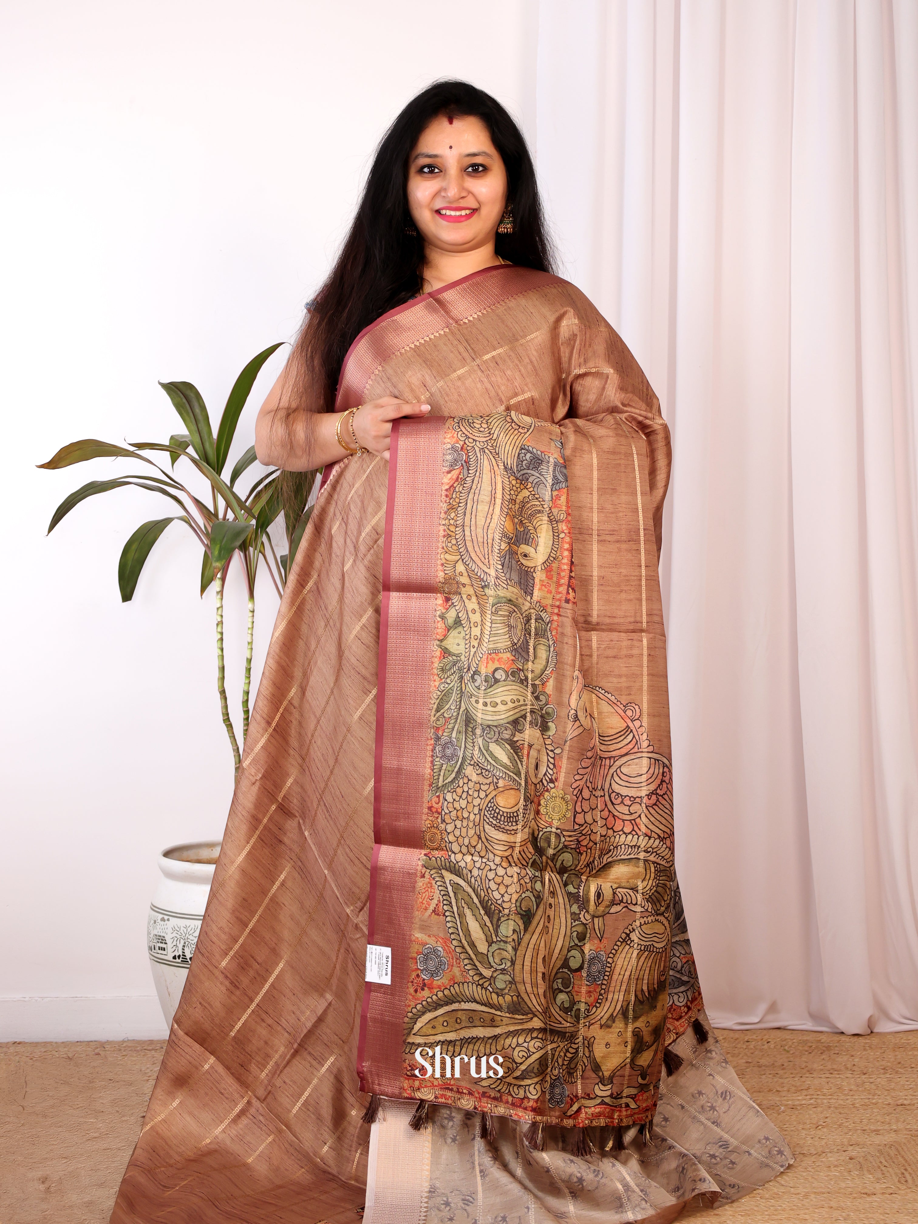 Brown - Semi Chanderi Saree - Shop on Shrus.com