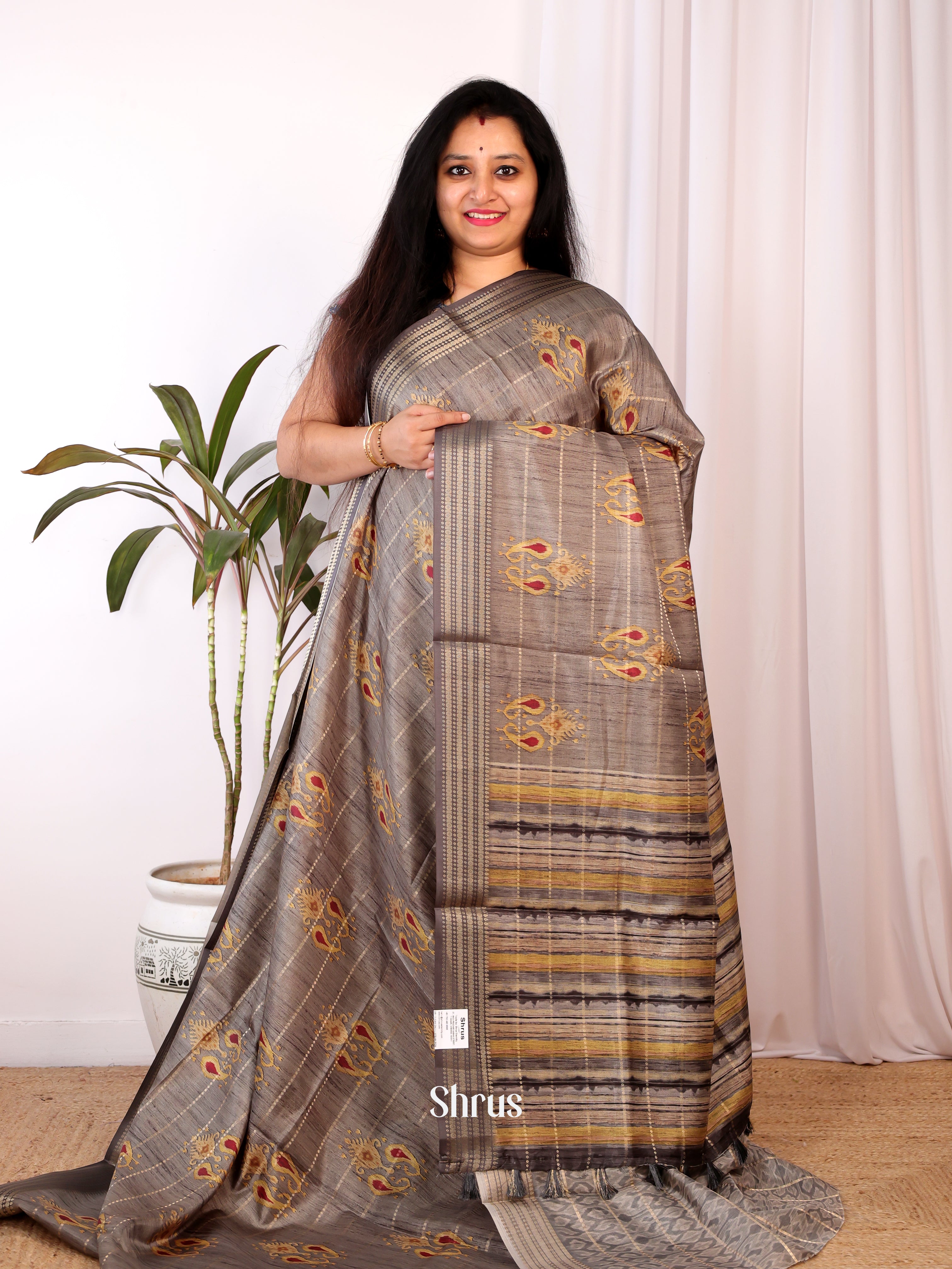 Grey - Semi Chanderi Saree - Shop on Shrus.com